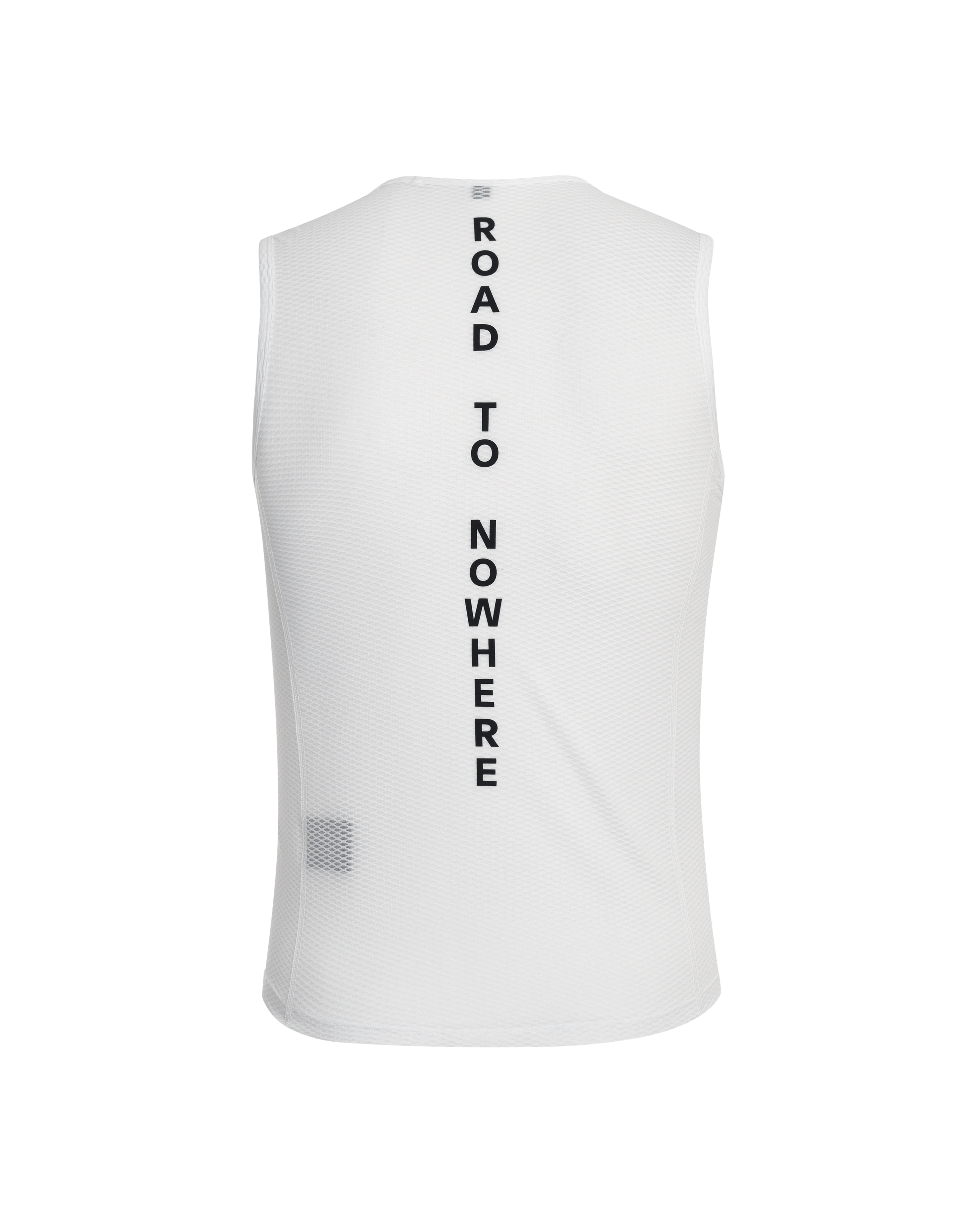 White Mechanism sleeveless base layer, rear flat lay with Road To Nowhere vertical text print