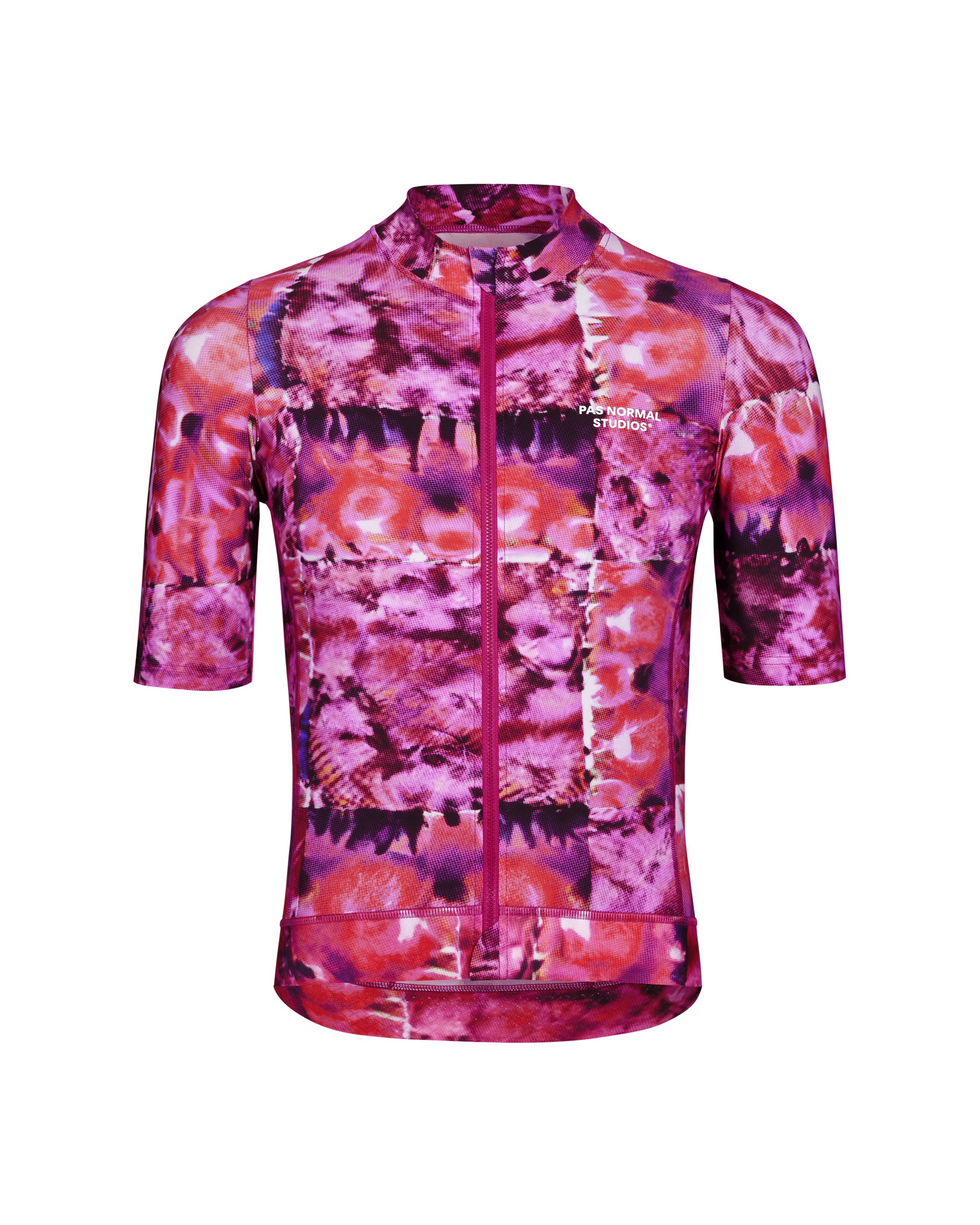 Pink Essential cycling jersey, front view with kaleidoscope print and full zip