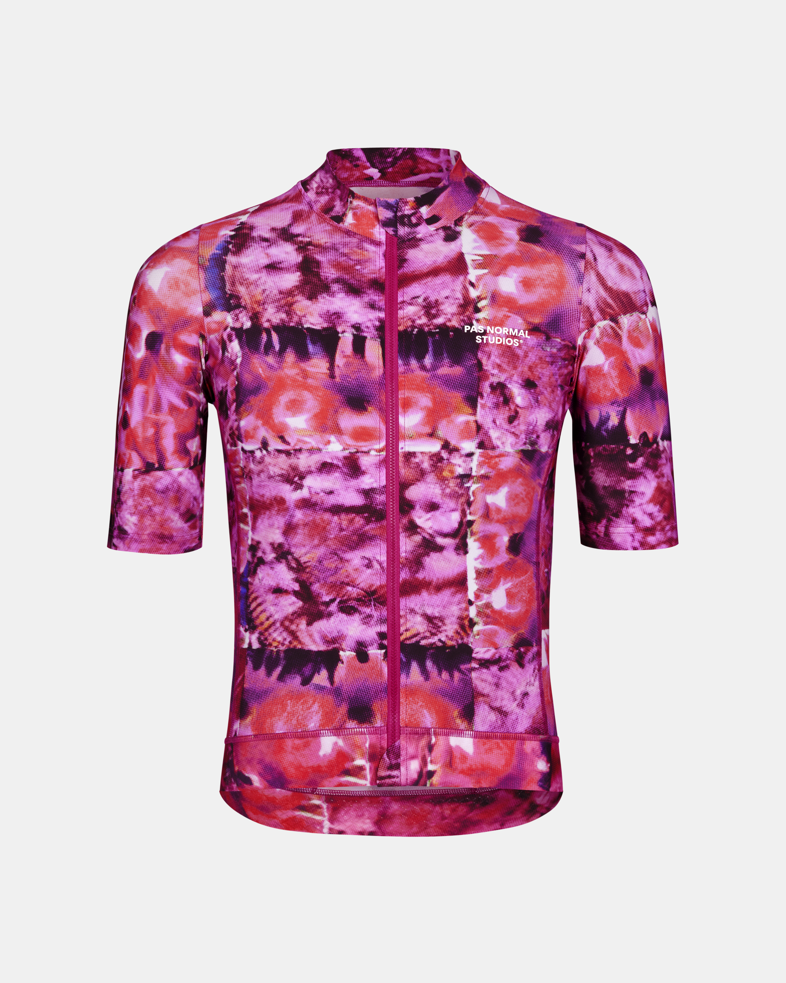 Pink Essential cycling jersey, front view with kaleidoscope print and full zip