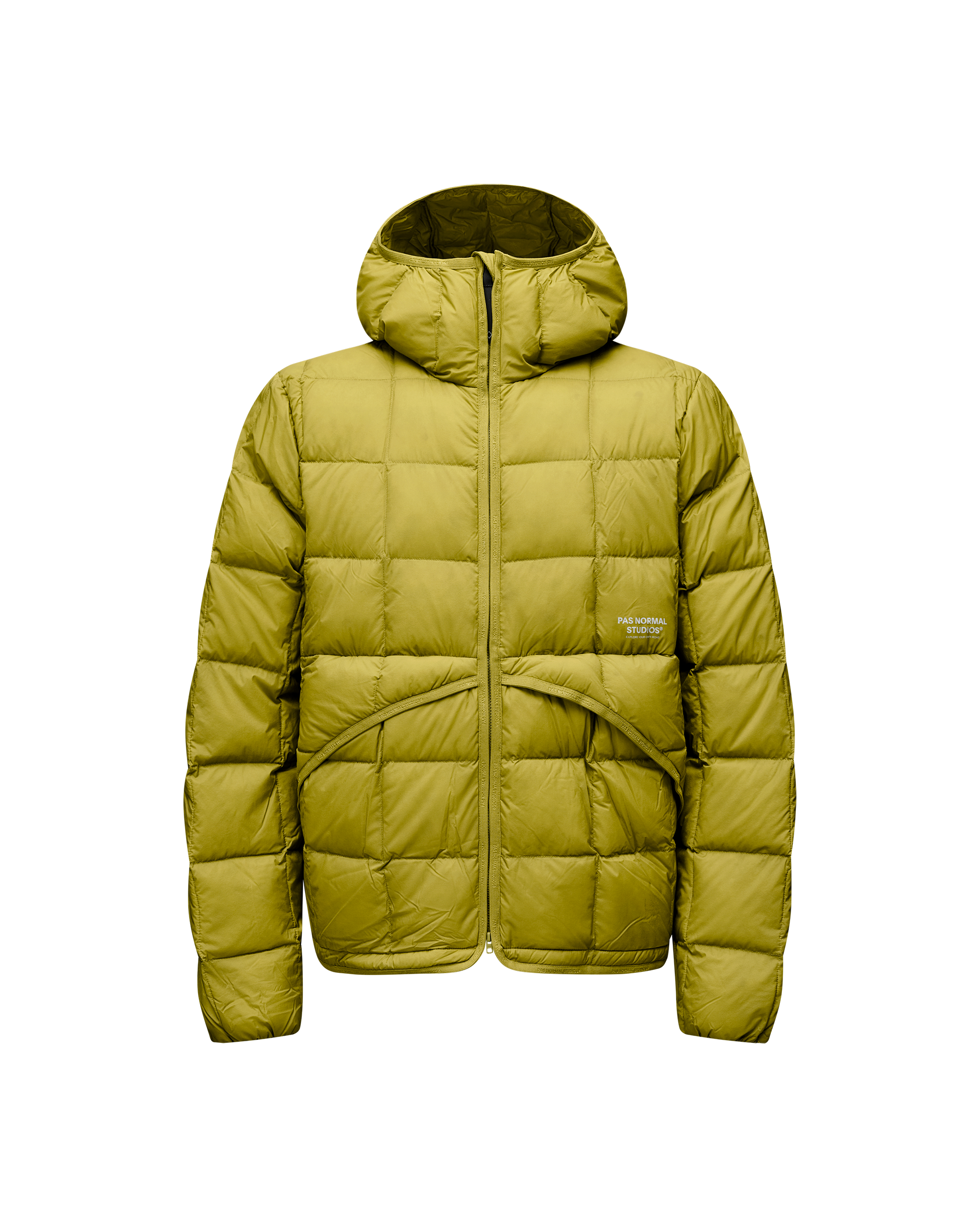 Dark Lime green Off-Race Down Liner jacket, front flat lay with box quilting and hood