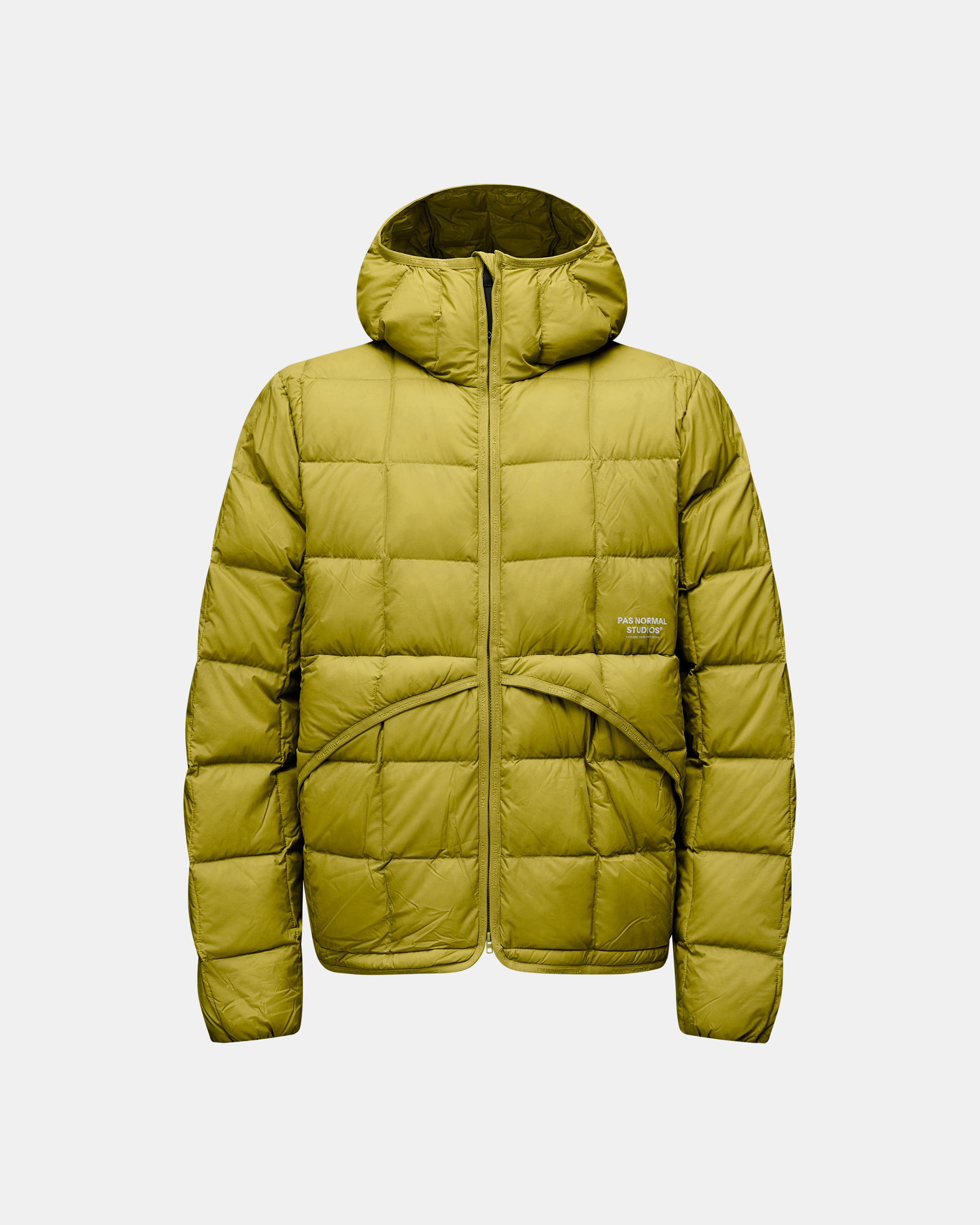 Dark Lime green Off-Race Down Liner jacket, front flat lay with box quilting and hood