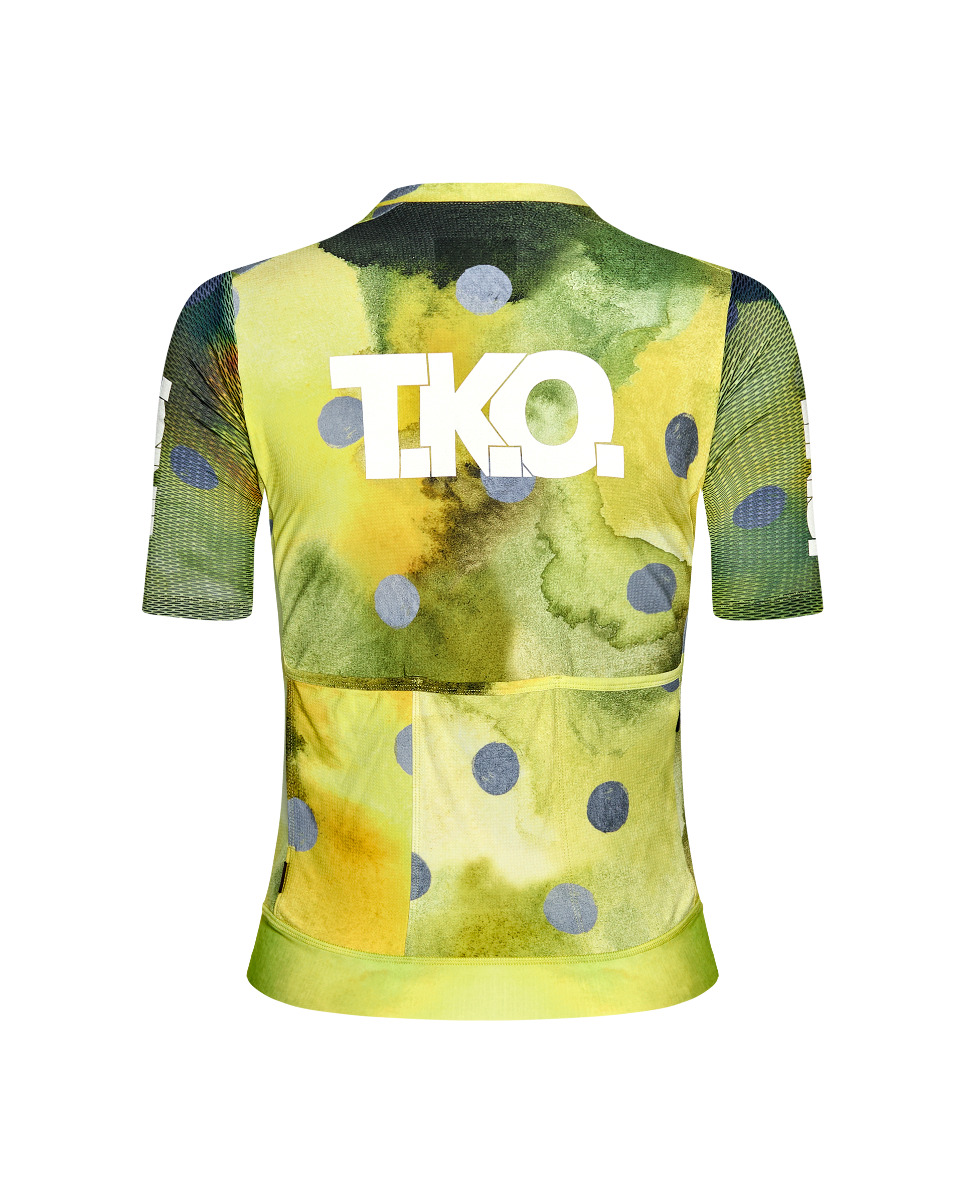 Yellow T.K.O. Essential Light cycling jersey, rear view with watercolor print and white logo