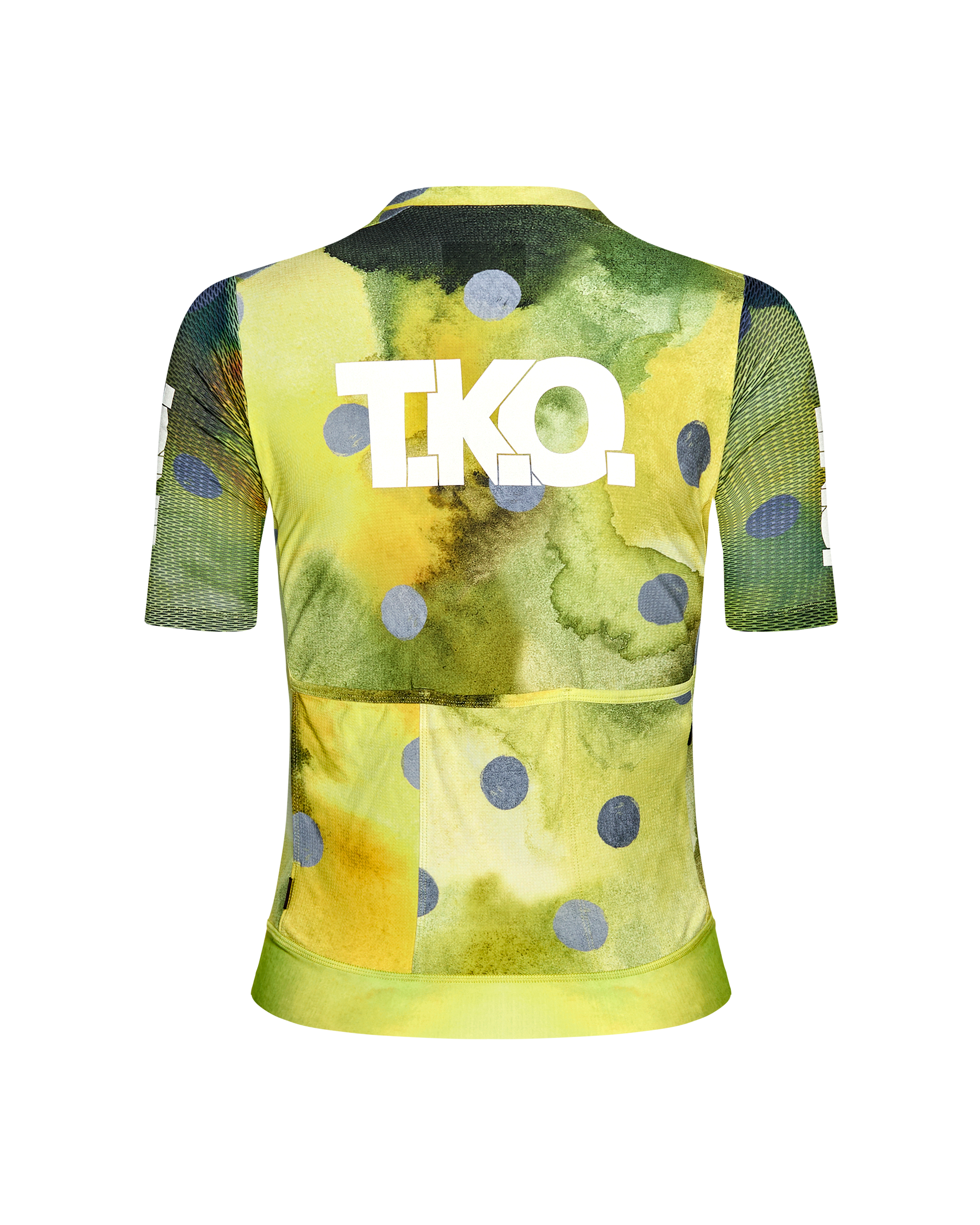 Yellow T.K.O. Essential Light cycling jersey, rear view with watercolor print and white logo