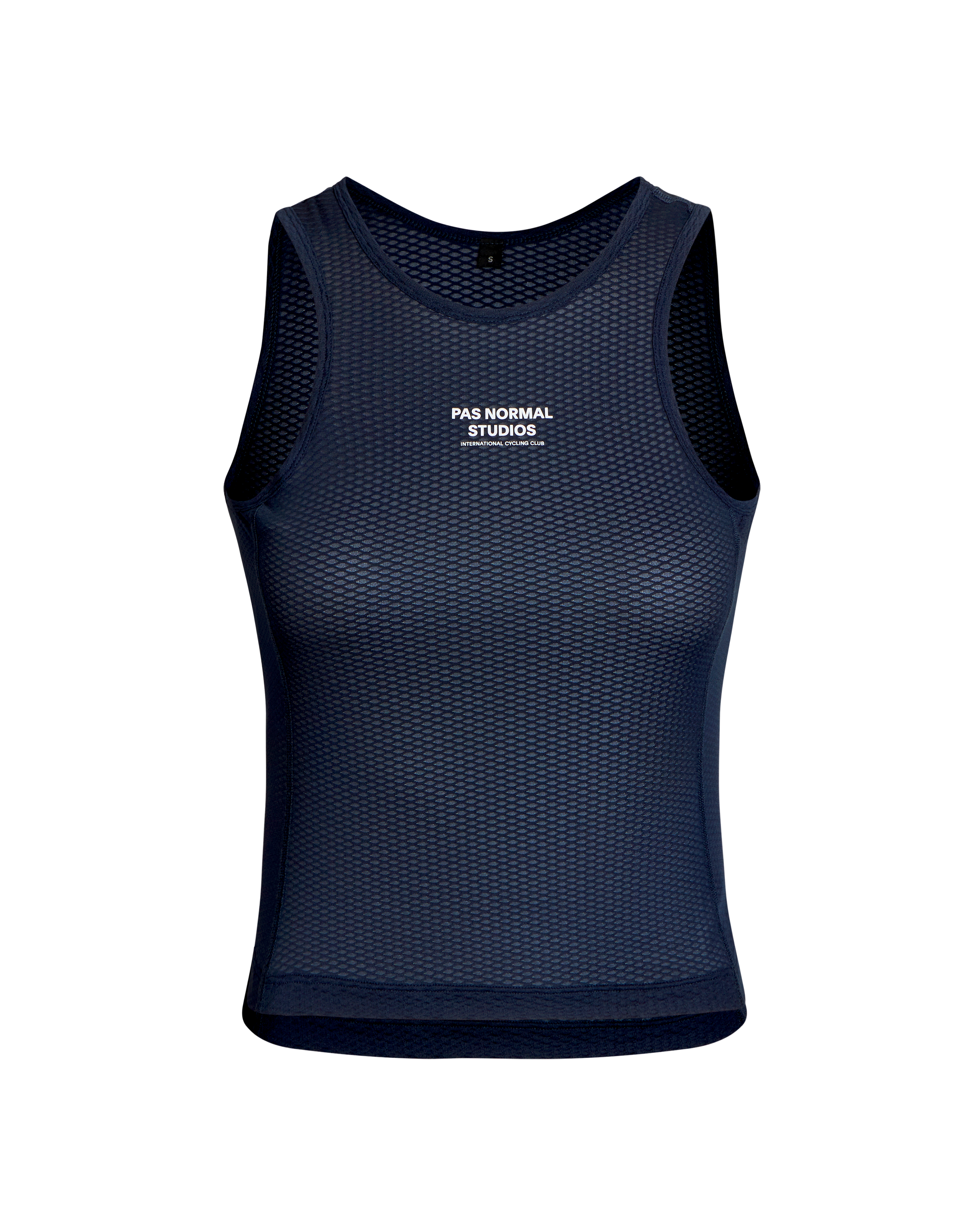 Navy Mechanism sleeveless base layer, front flat lay with mesh construction