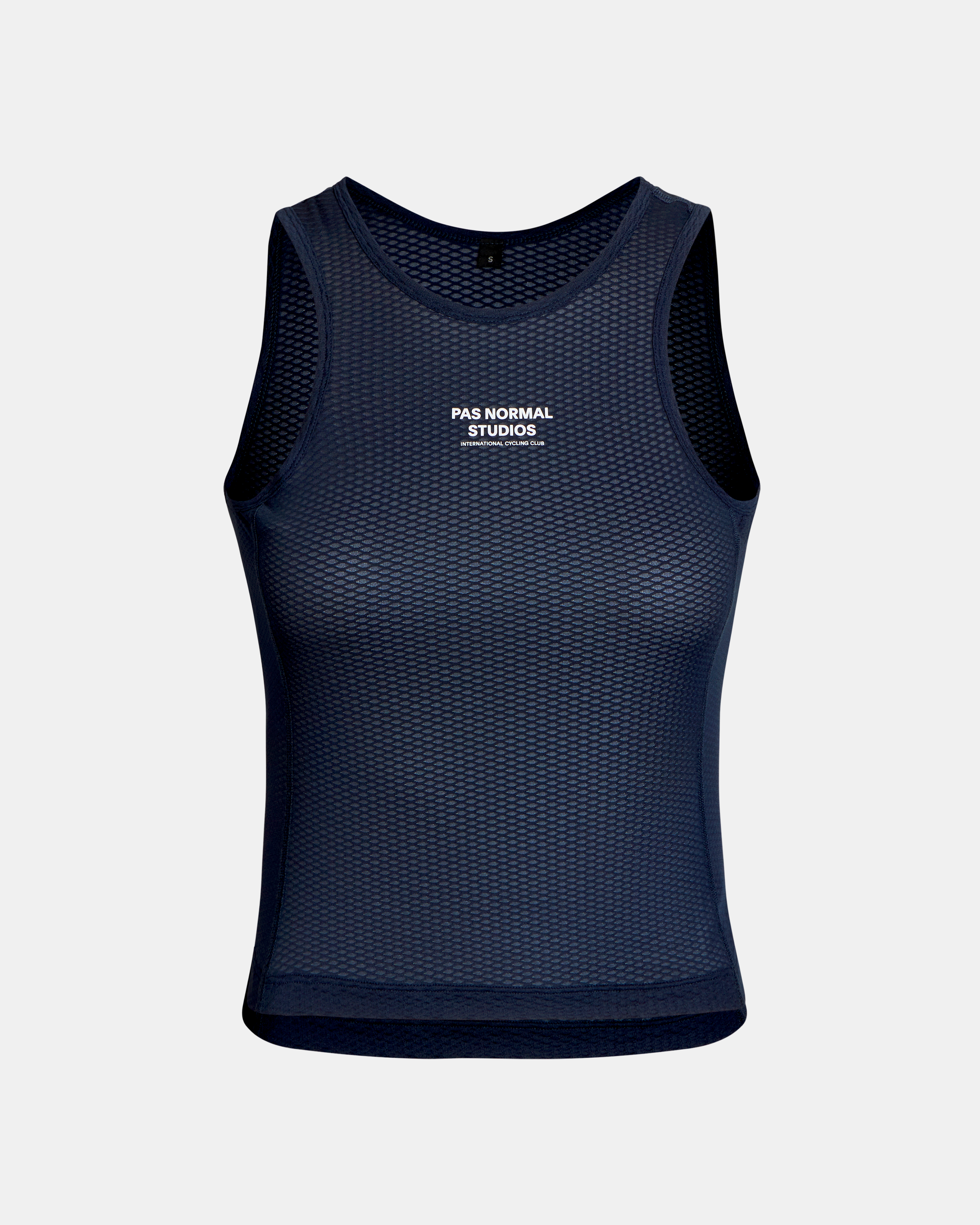 Navy Mechanism sleeveless base layer, front flat lay with mesh construction