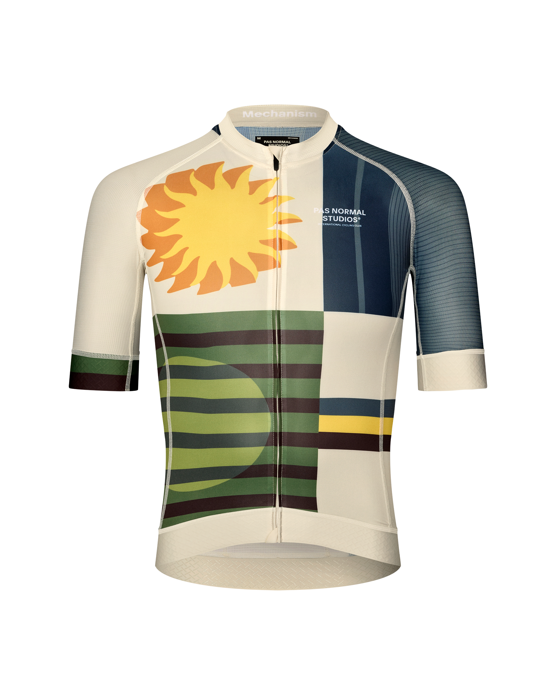 International Sand Mechanism cycling jersey, front view with sun and striped landscape graphic print