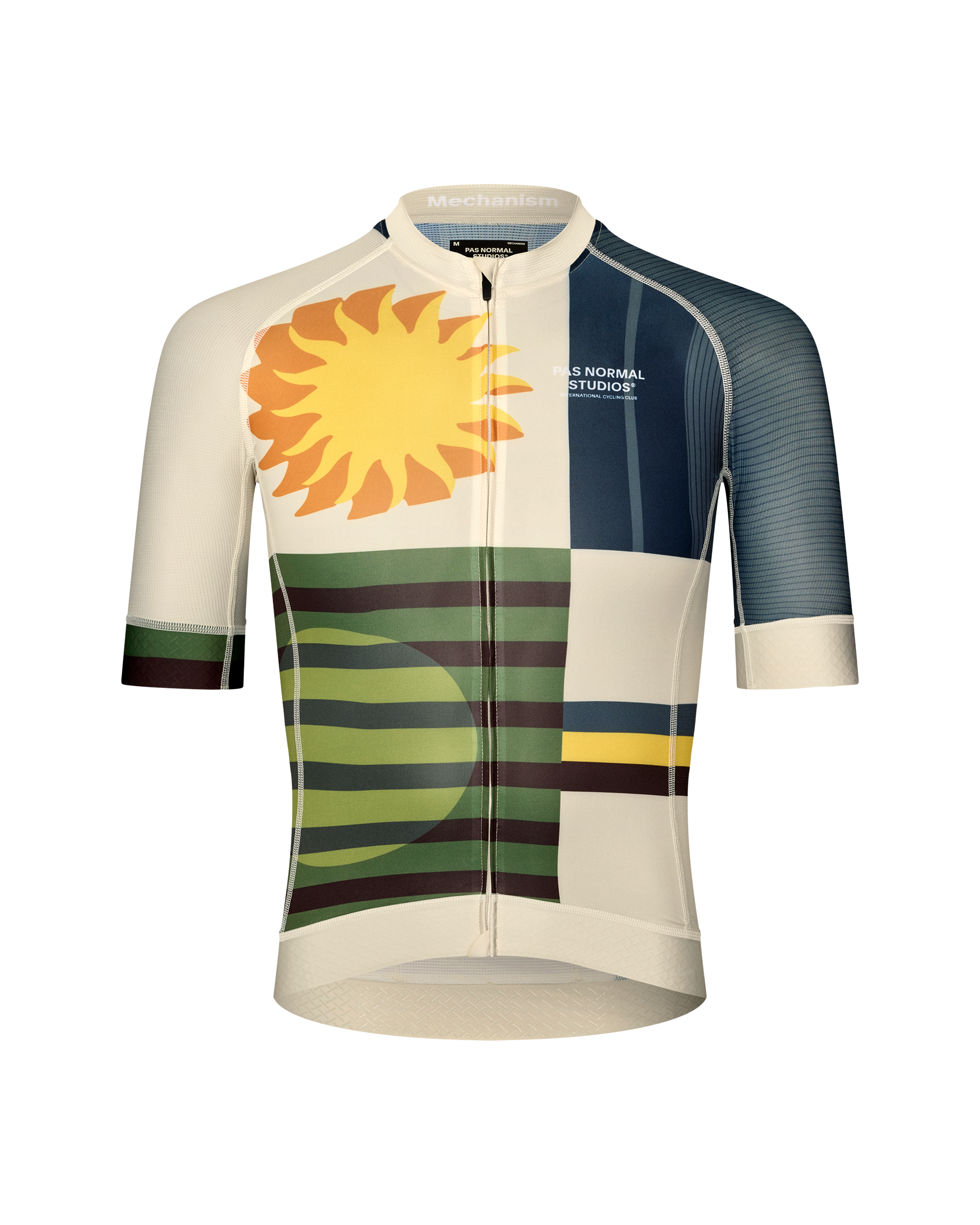 International Sand Mechanism cycling jersey, front view with sun and striped landscape graphic print