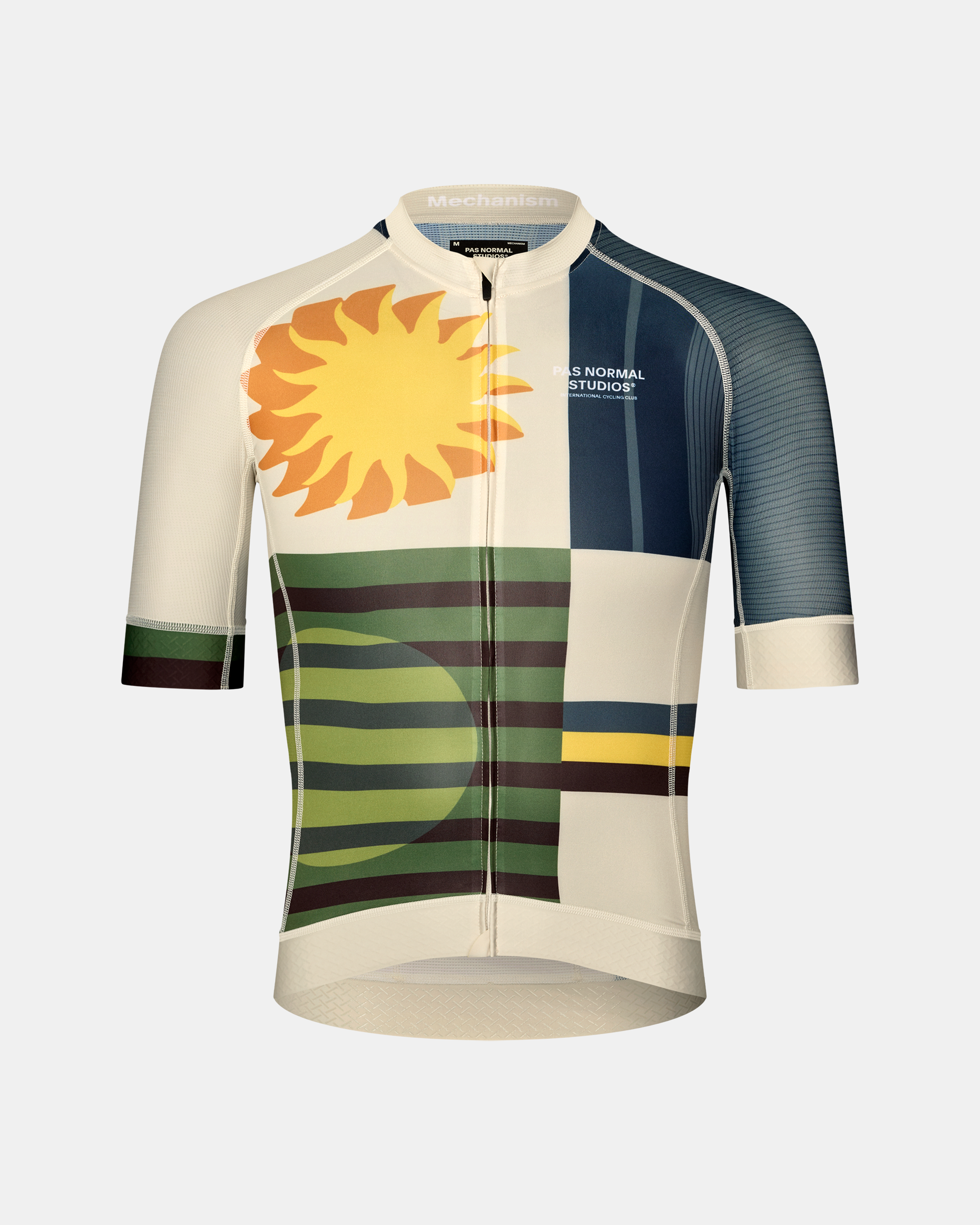 International Sand Mechanism cycling jersey, front view with sun and striped landscape graphic print