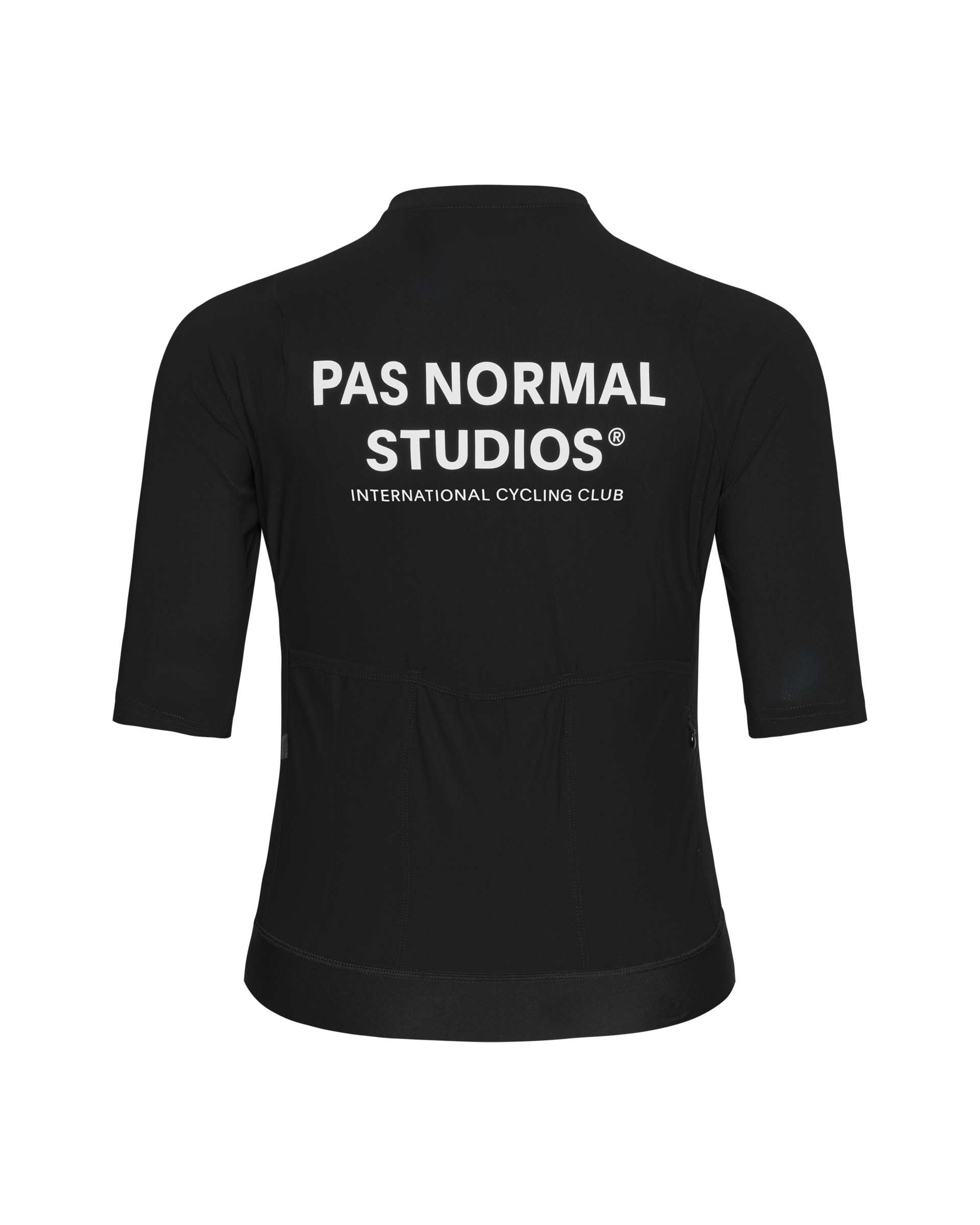 Black Essential cycling jersey, rear view with white logo print
