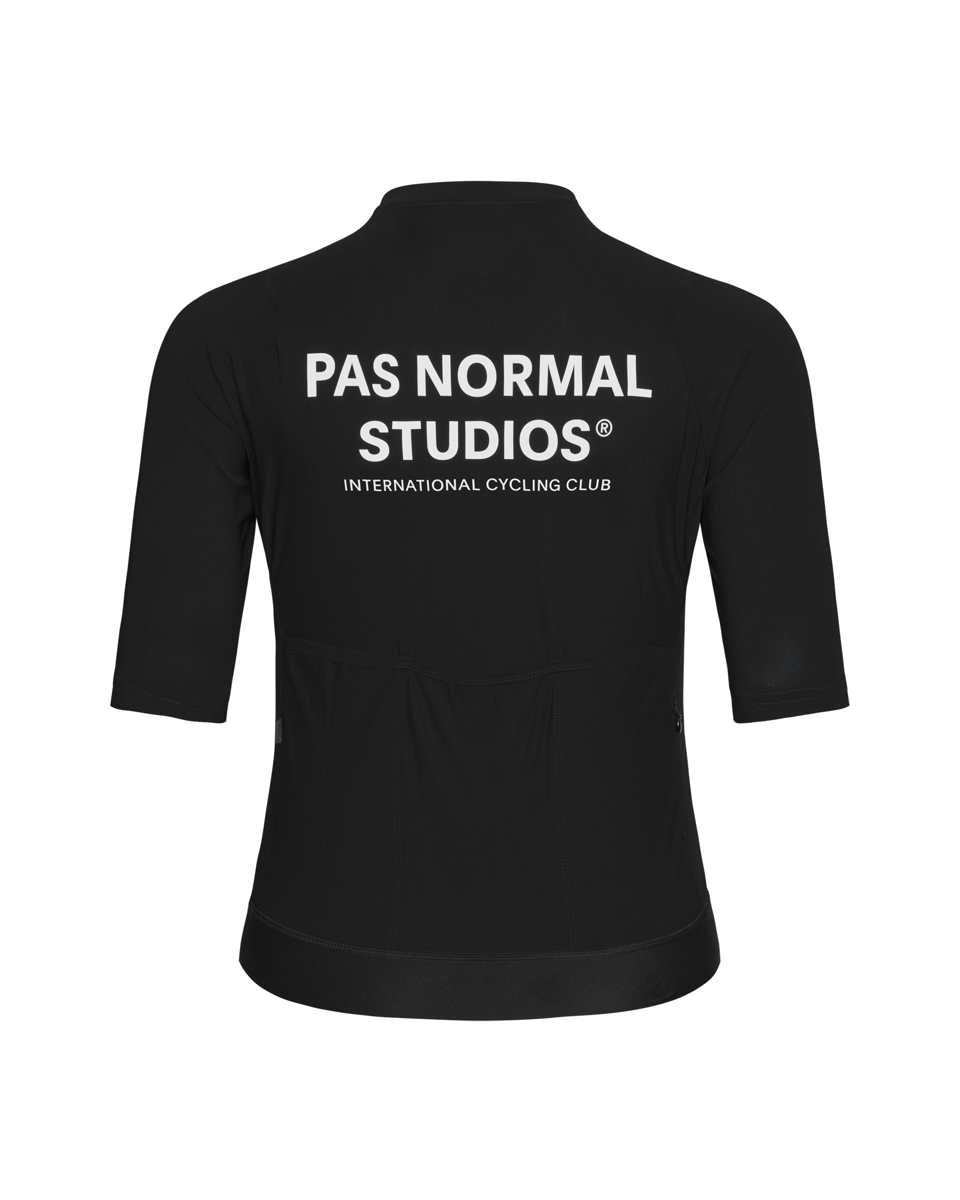 Black Essential cycling jersey, rear view with white logo print