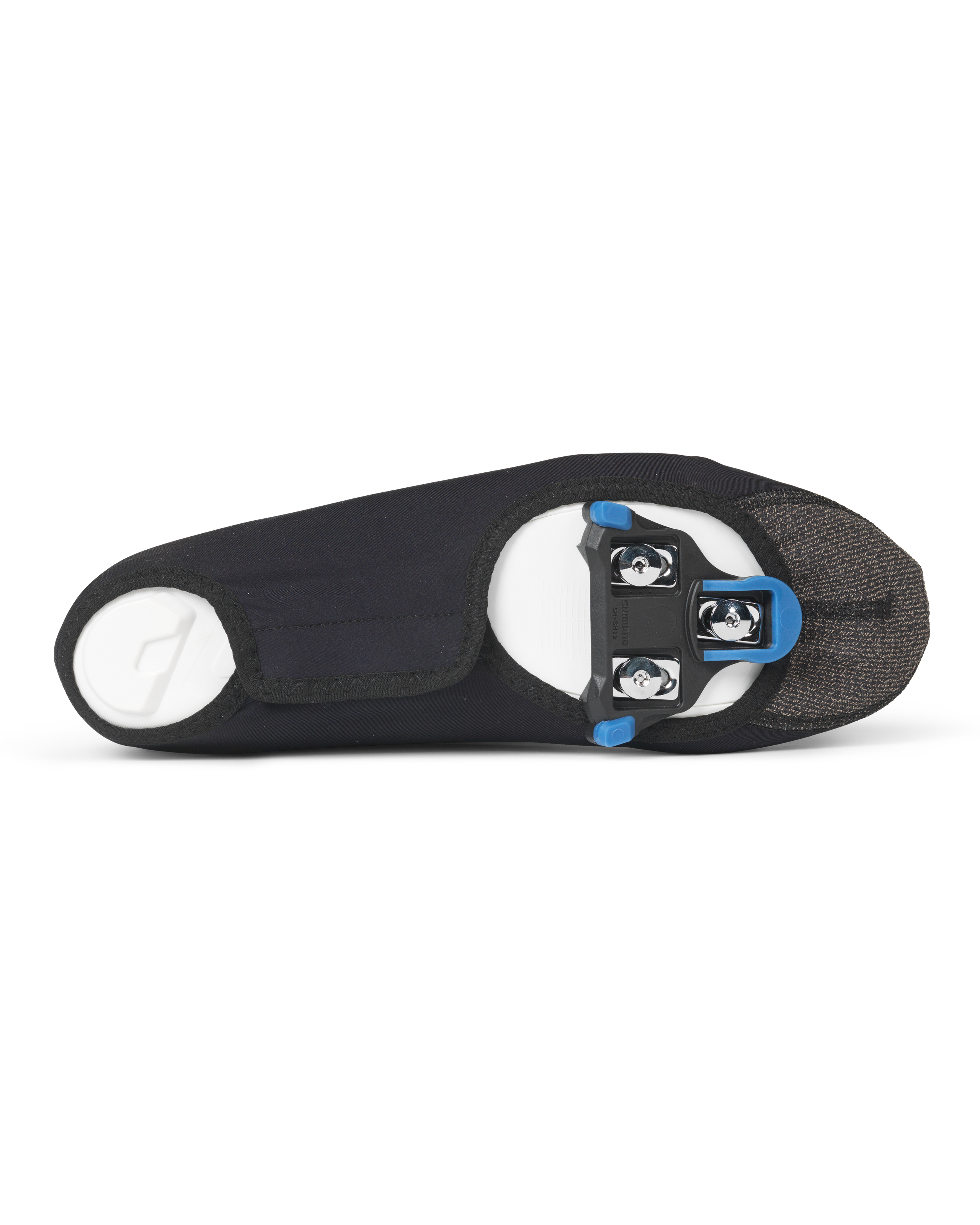Black Logo Light overshoes, sole view with three-bolt cleat attachment