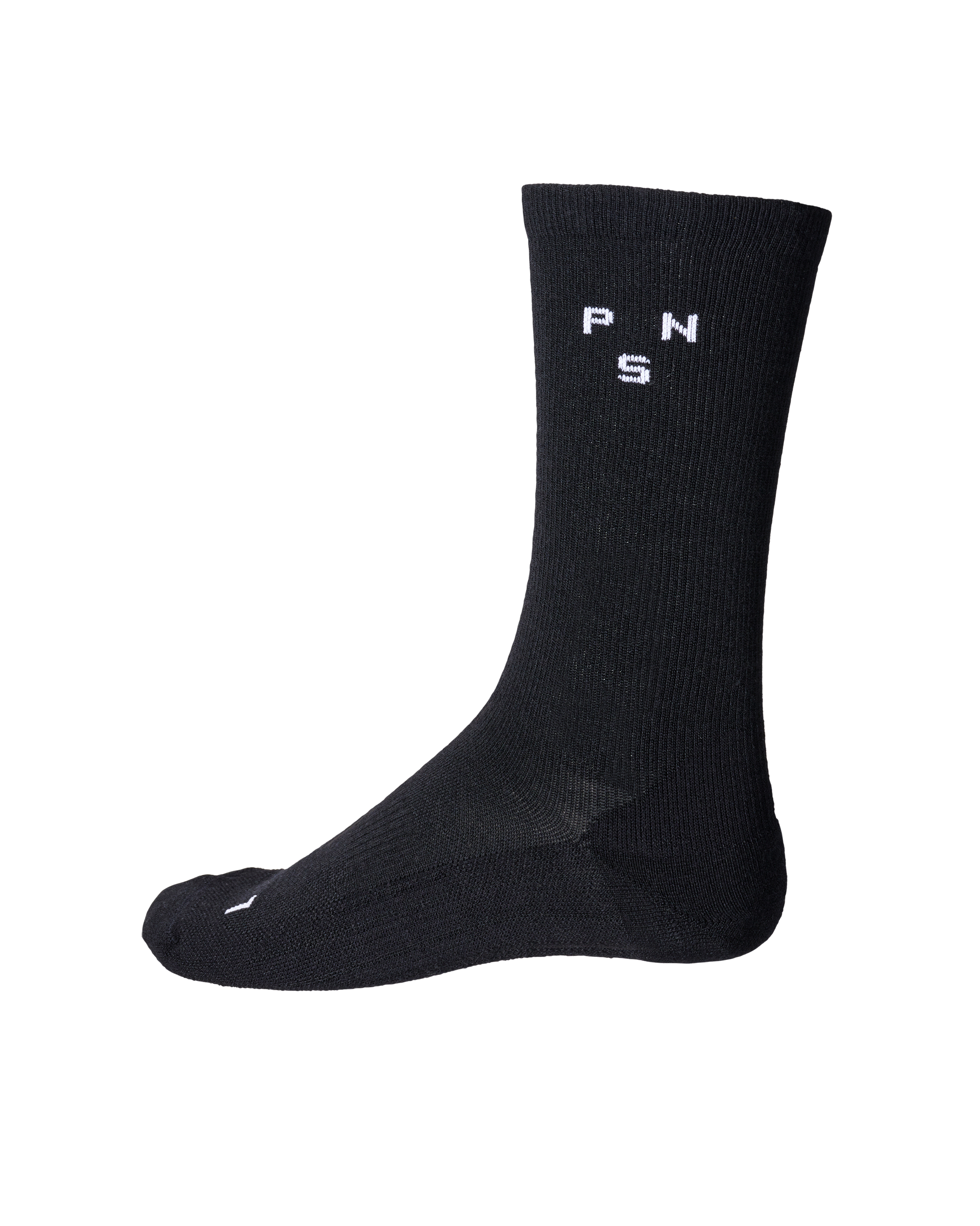 Black Thermal Wool cycling socks, side view with white PNS logo