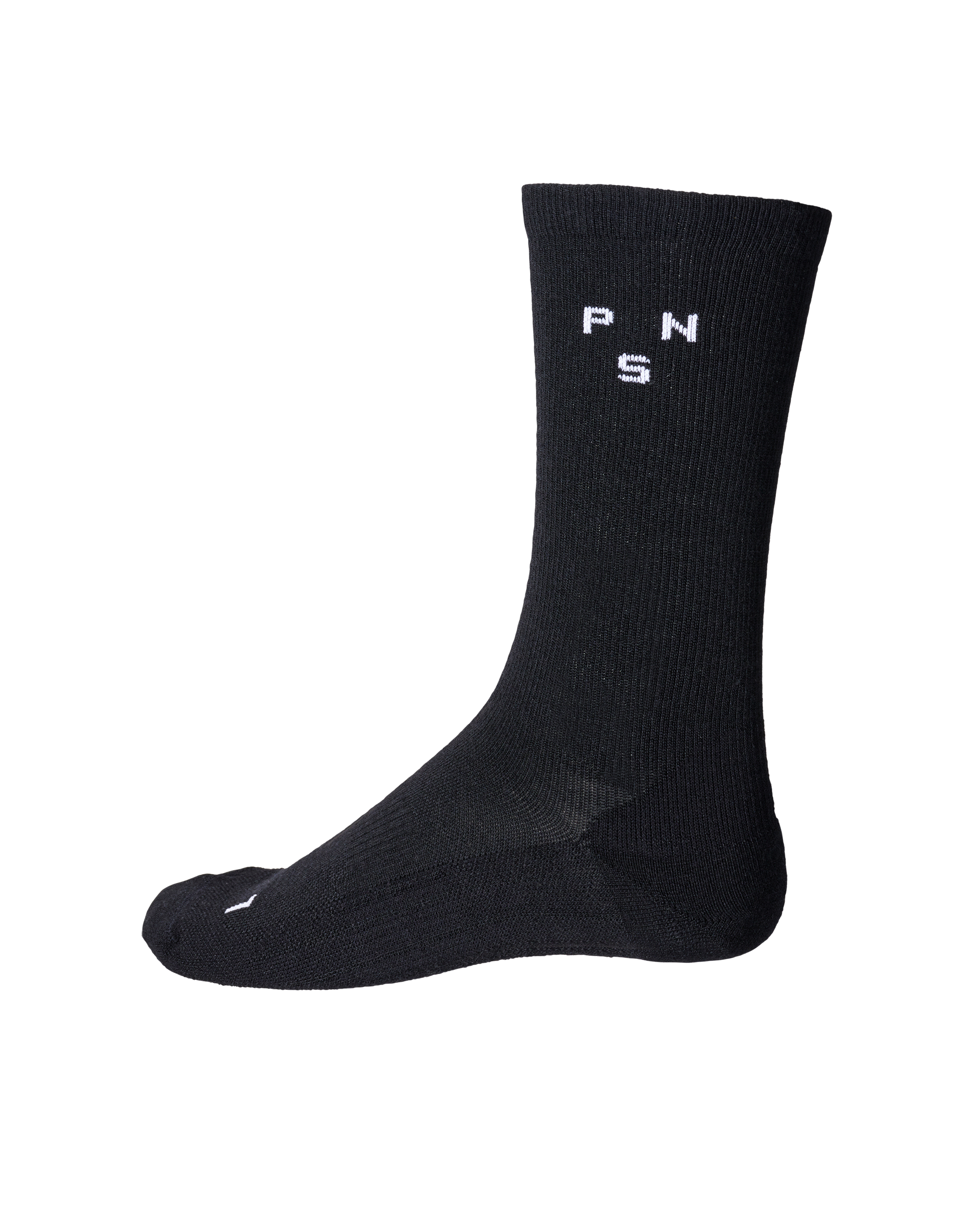 Black Thermal Wool cycling socks, side view with white PNS logo