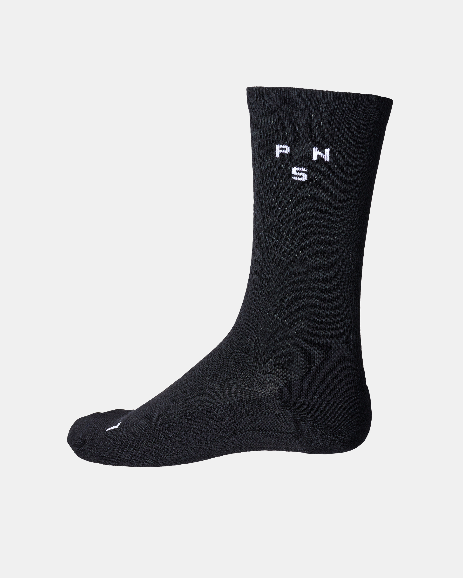 Black Thermal Wool cycling socks, side view with white PNS logo