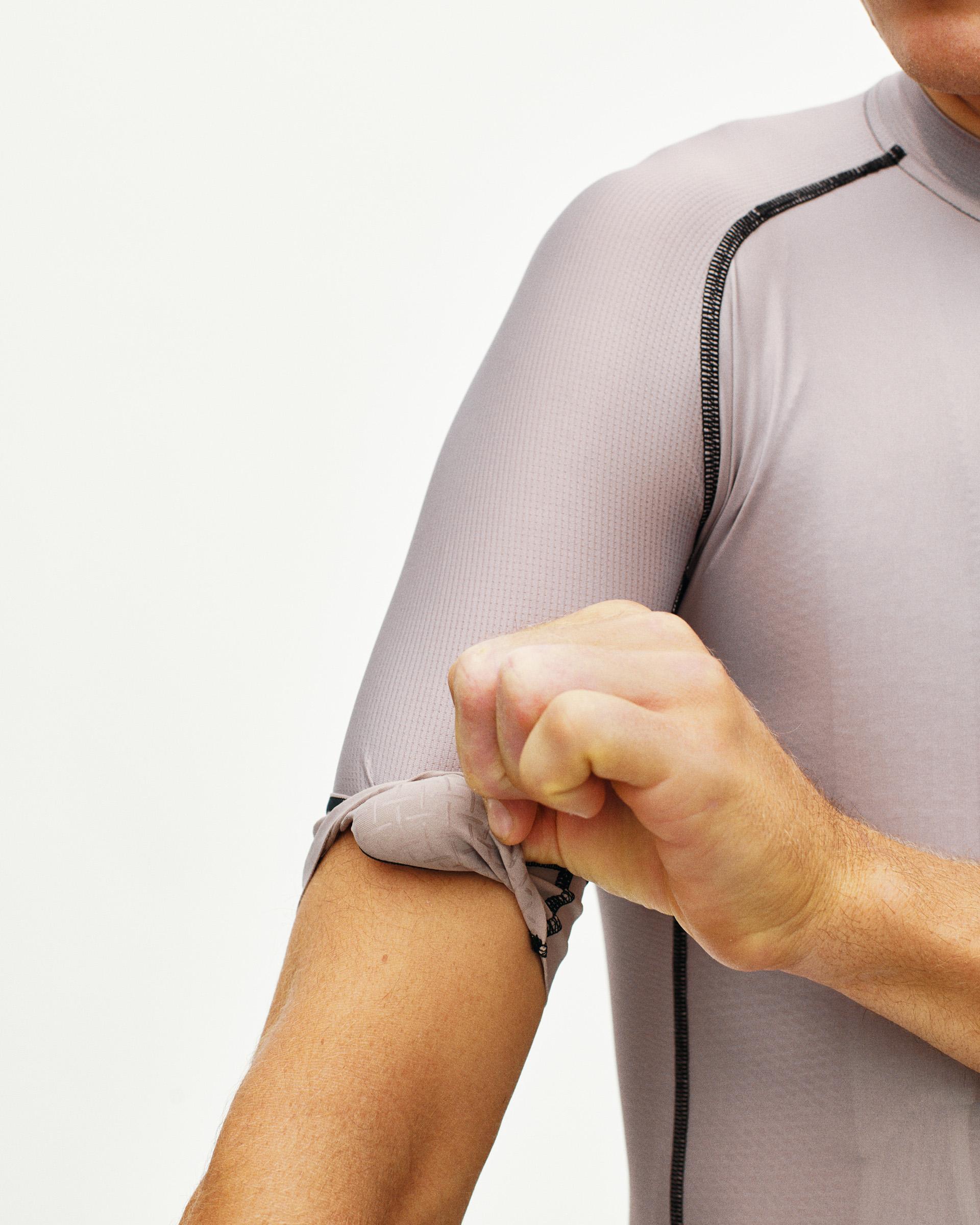 Haze Mechanism cycling jersey on model showing contrast flatlock seaming detail