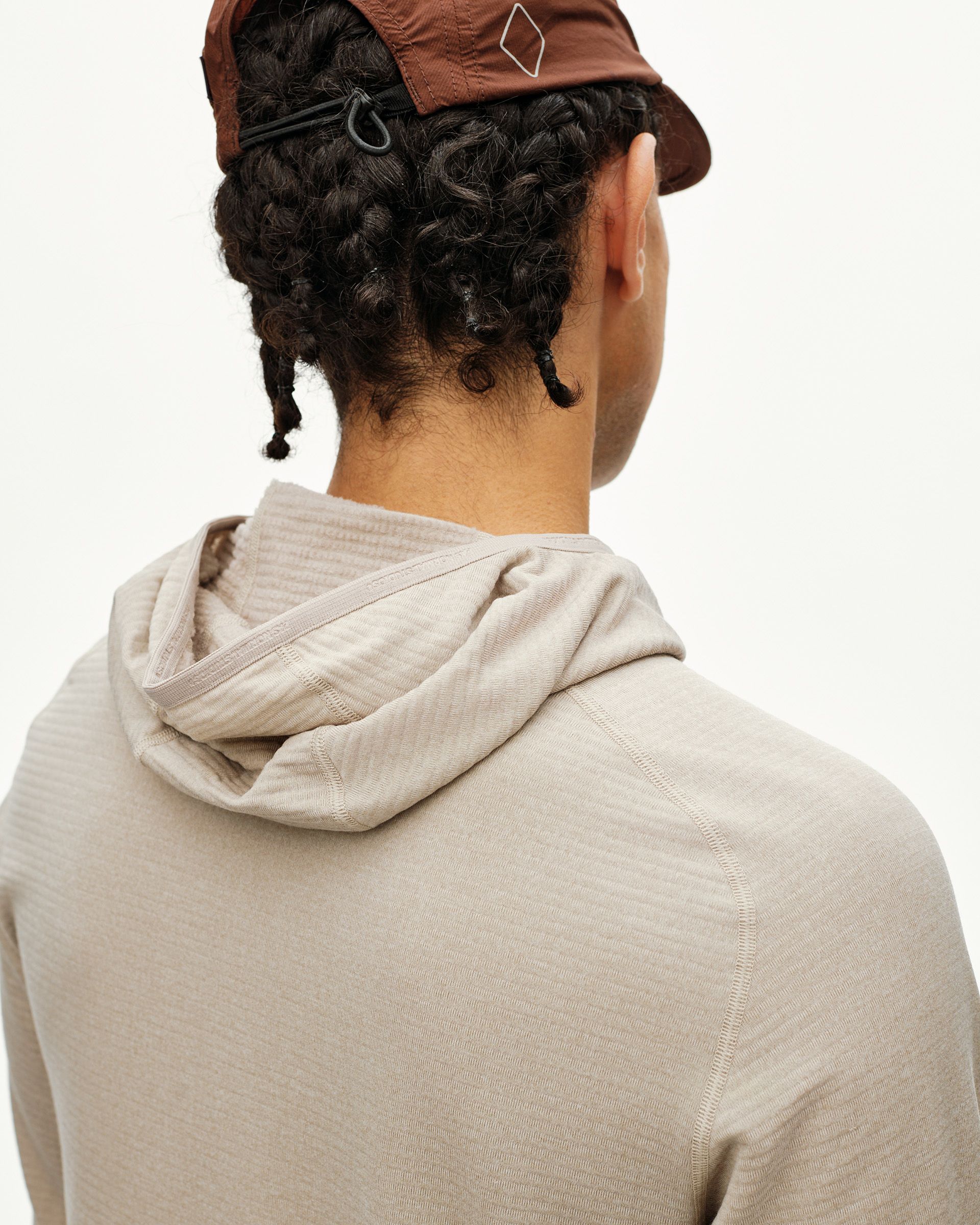 Haze purple Balance Thermal hoodie on model, rear detail view showing ribbed hood