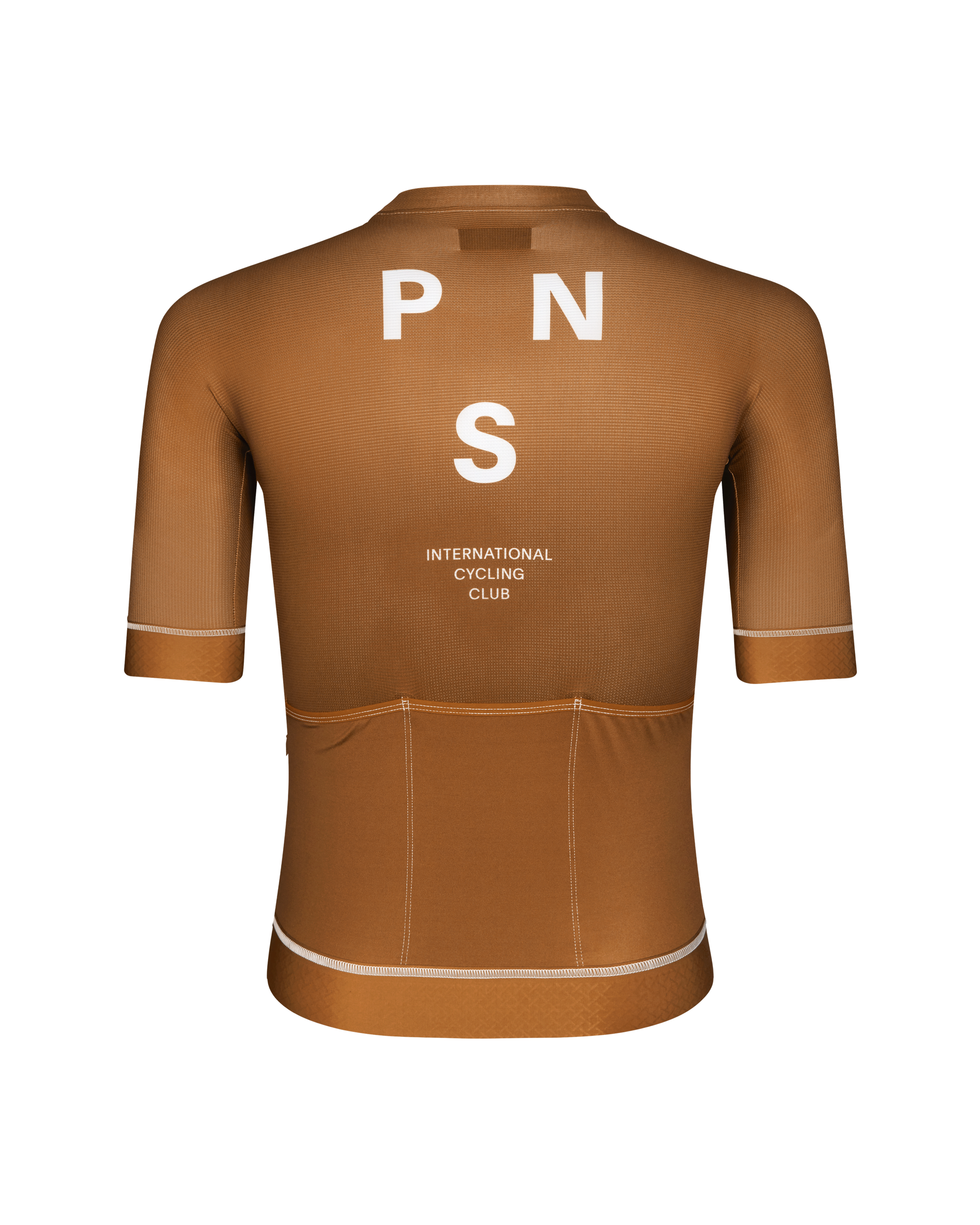 Brown Mechanism cycling jersey, rear view with white PNS logo and contrast stitching