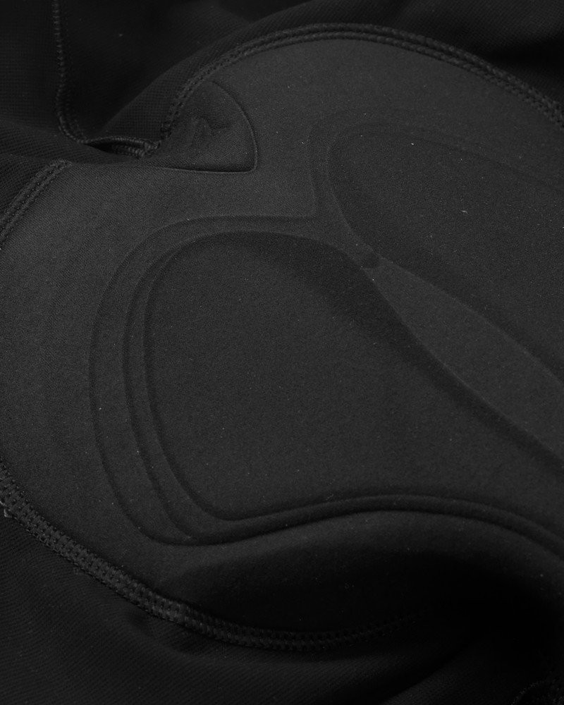 Black Mechanism Deep Winter cycling bibs, detail view showing padded chamois insert