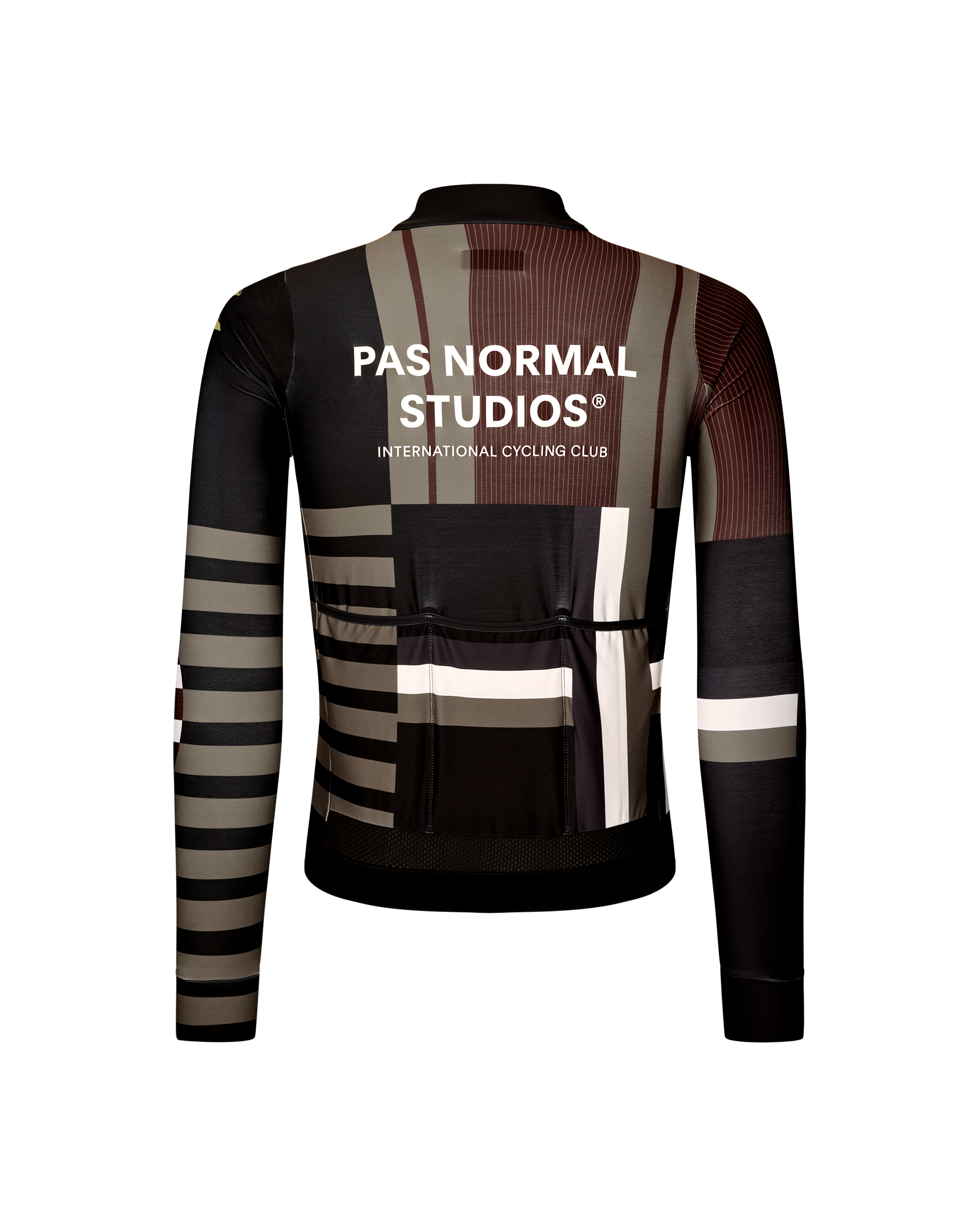 International Dark Olive Mechanism long sleeve cycling jersey, rear view with geometric block and stripe print