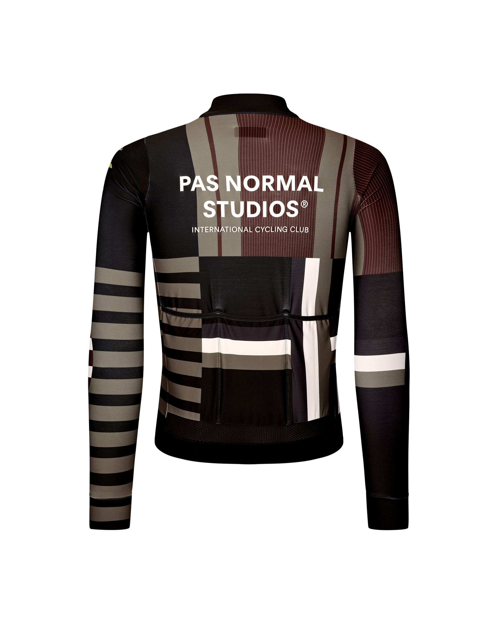 International Dark Olive Mechanism long sleeve cycling jersey, rear view with geometric block and stripe print