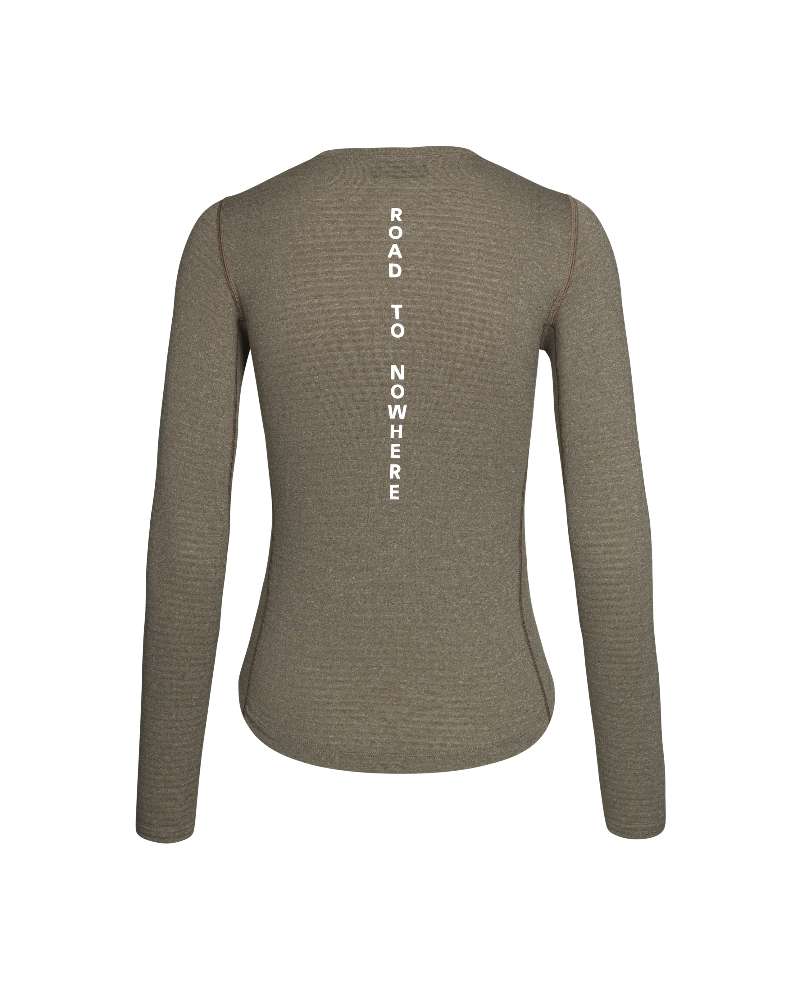 Dark Stone long sleeve base layer, rear flat lay with white vertical text print