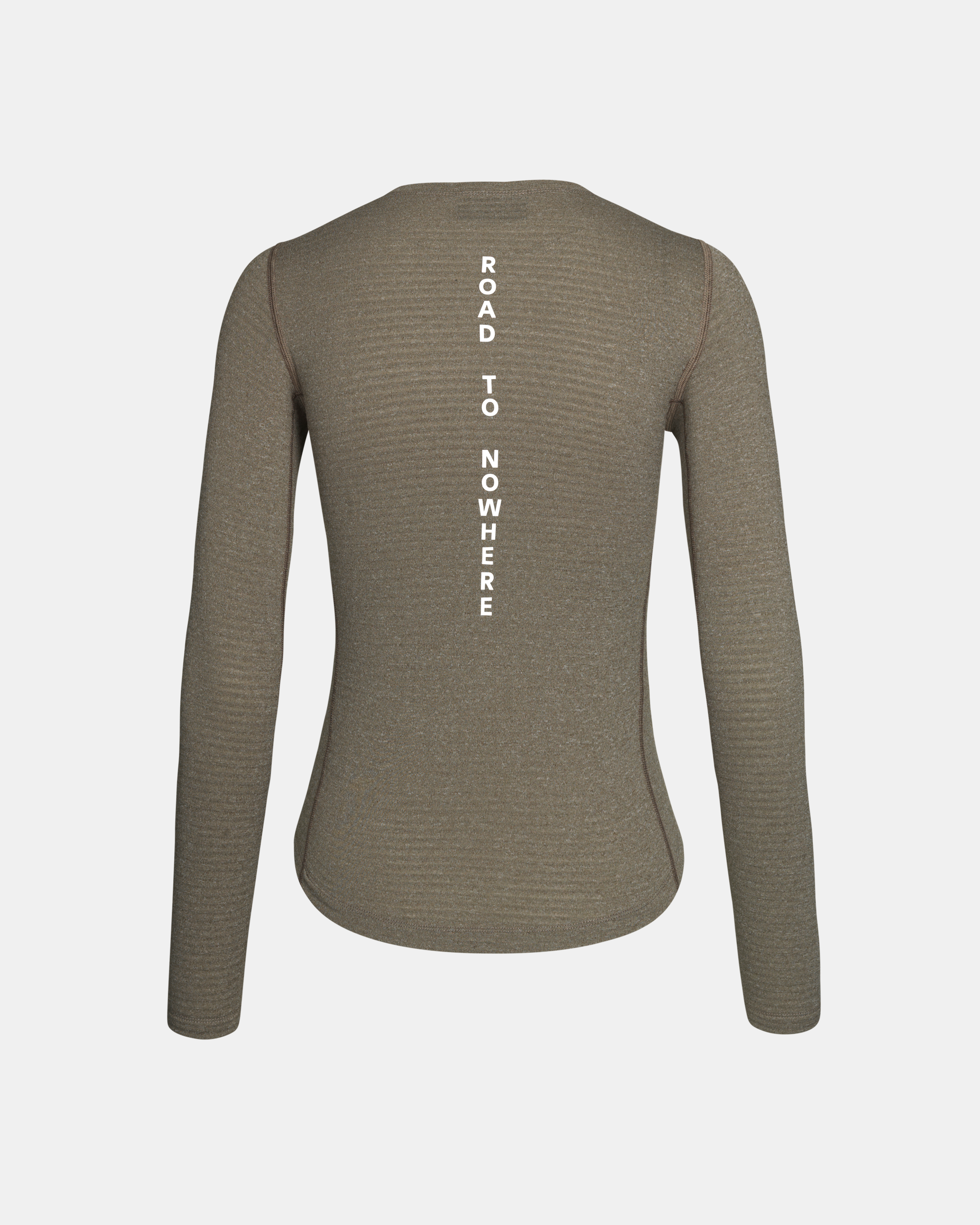 Dark Stone long sleeve base layer, rear flat lay with white vertical text print