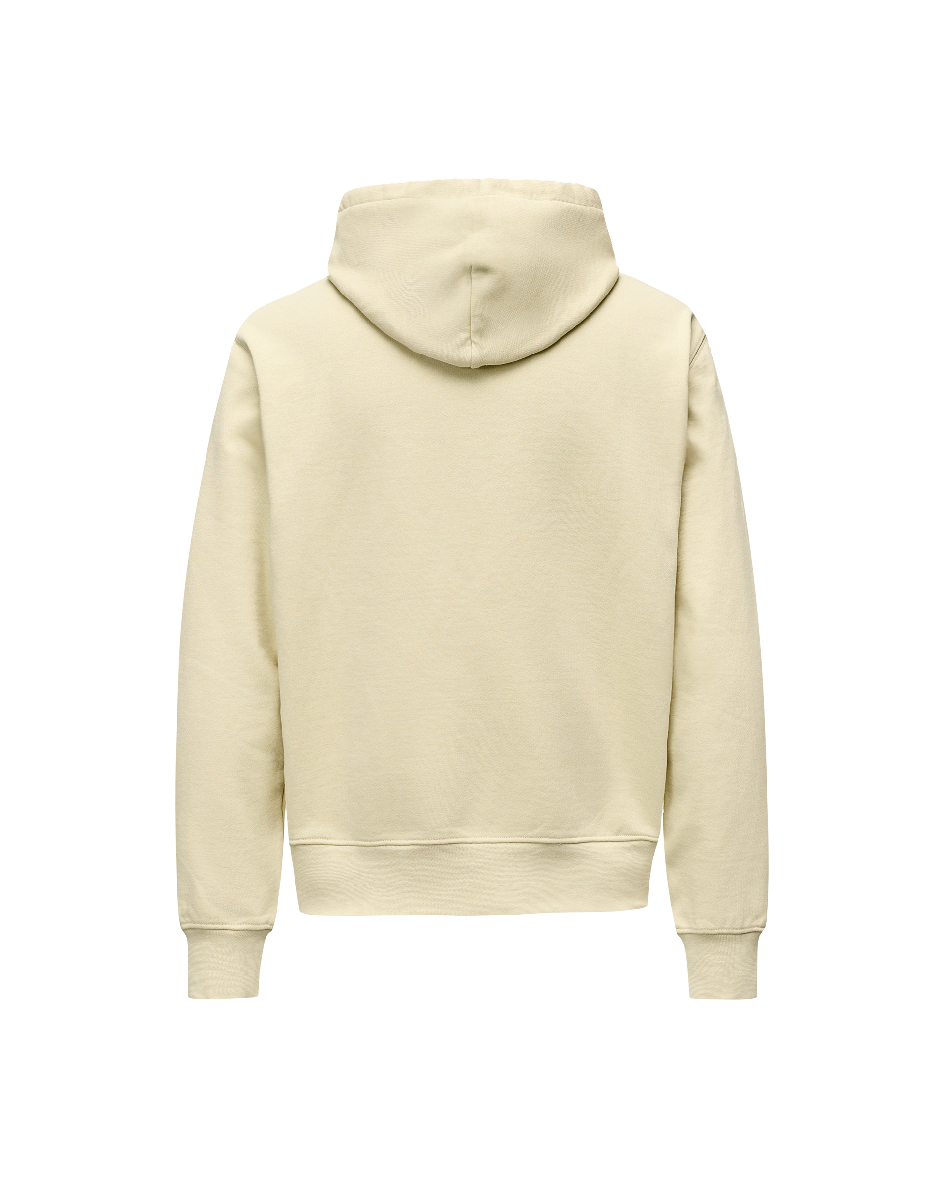Sand Off-Race hoodie, rear flat lay with ribbed cuffs and hem