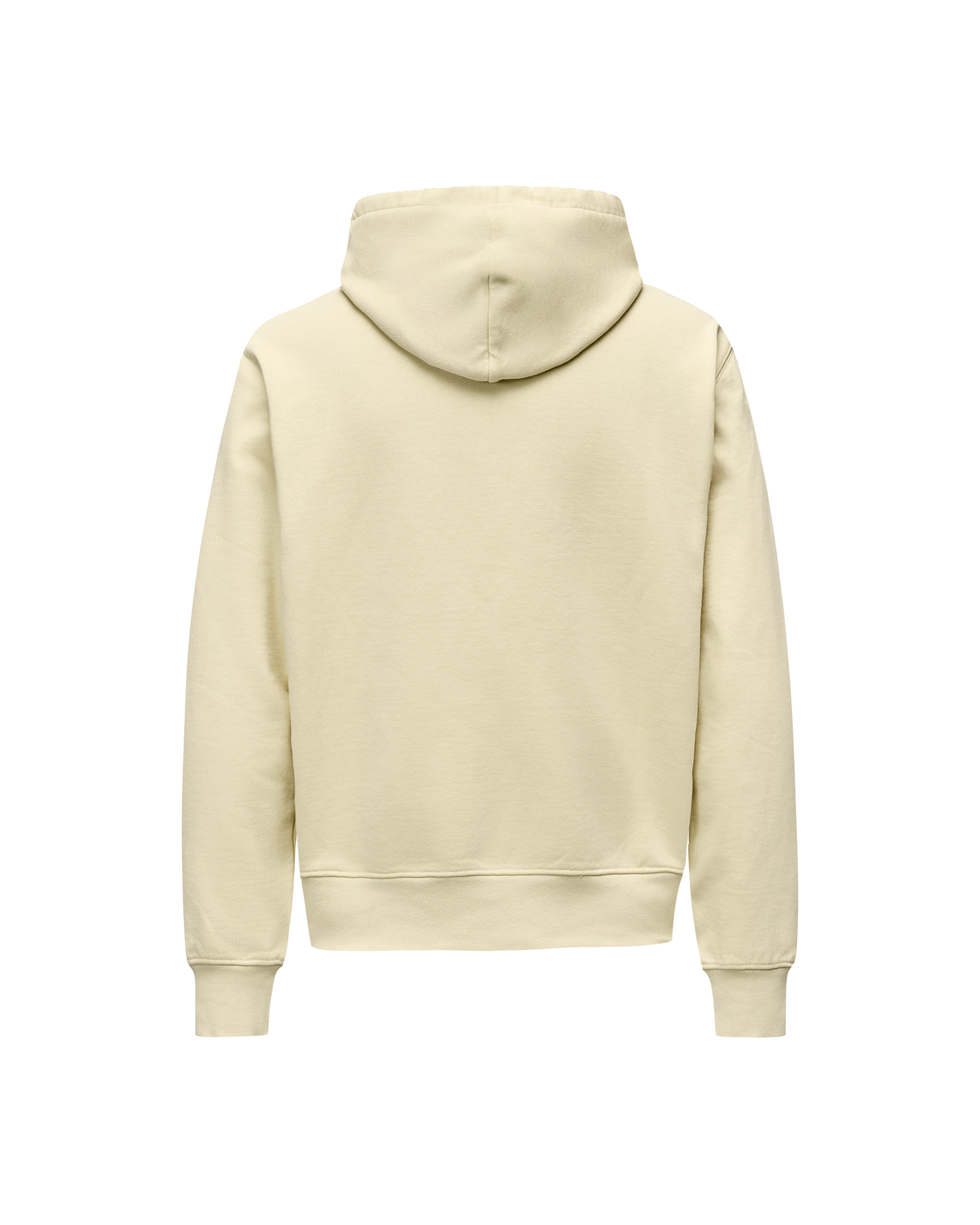 Sand Off-Race hoodie, rear flat lay with ribbed cuffs and hem