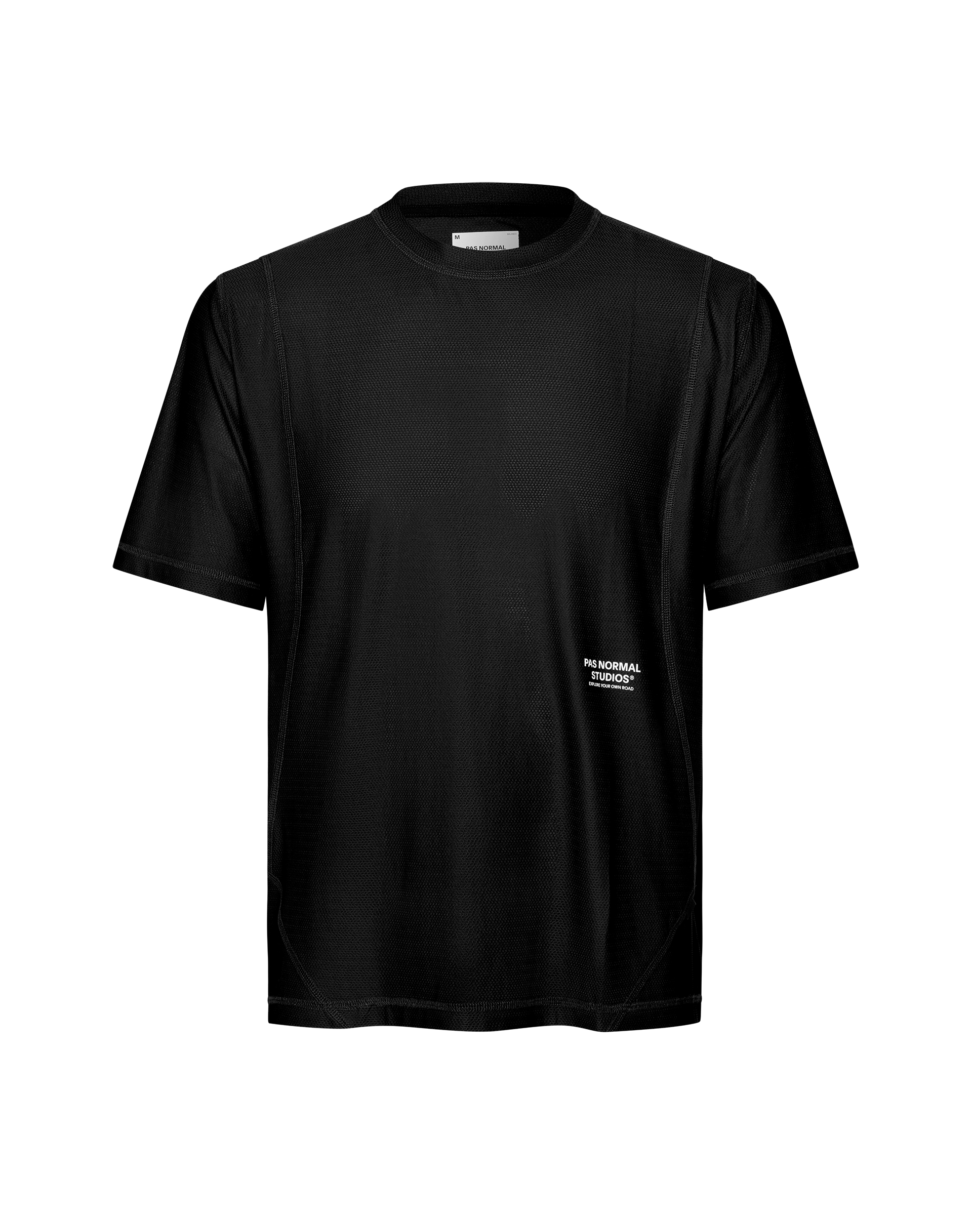 Black Balance T-shirt, front flat lay with white chest logo print and mesh texture