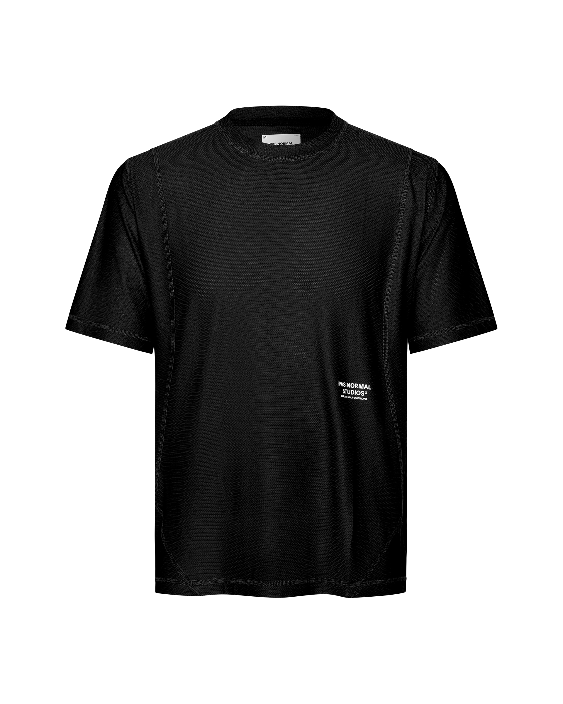 Black Balance T-shirt, front flat lay with white chest logo print and mesh texture