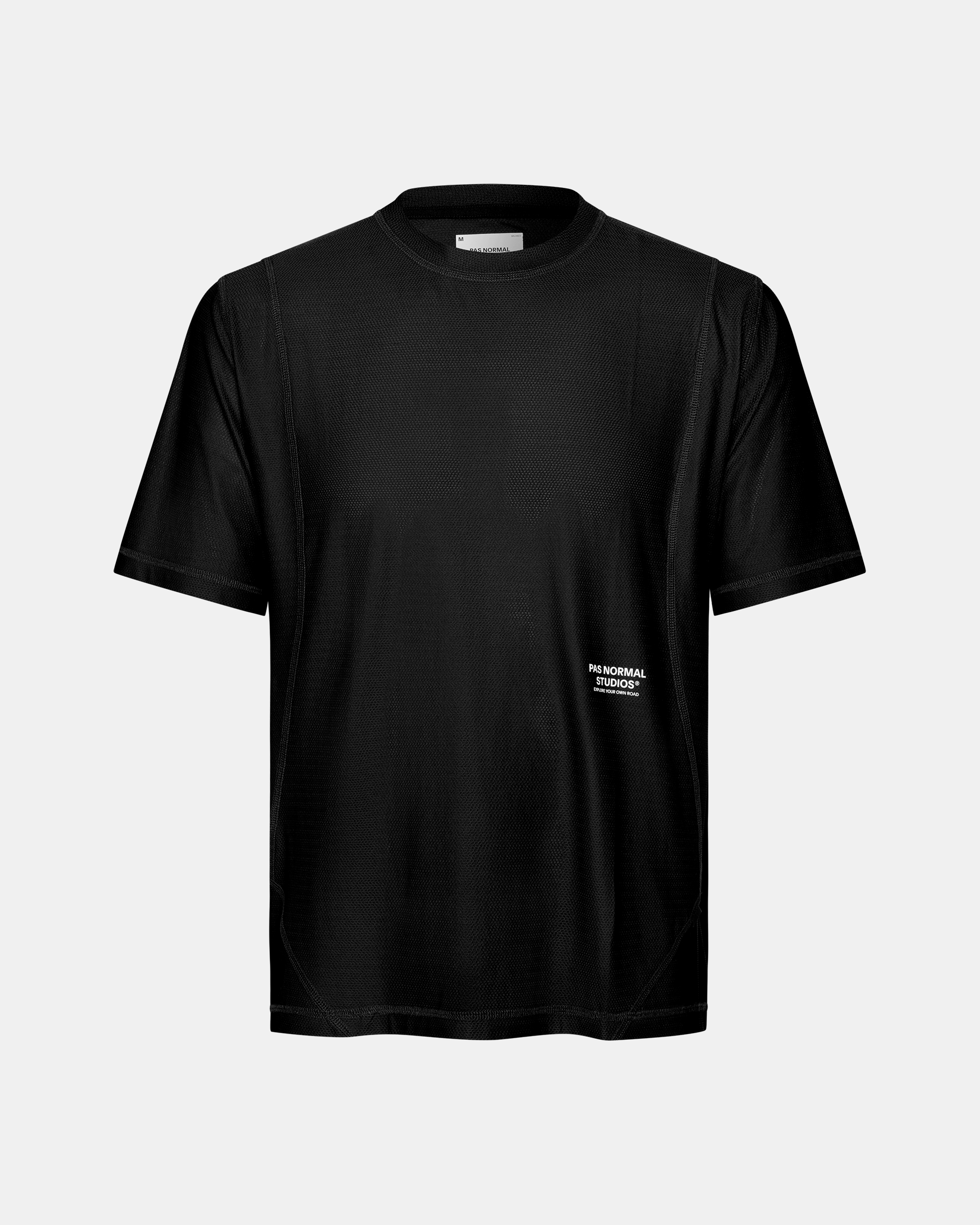 Black Balance T-shirt, front flat lay with white chest logo print and mesh texture