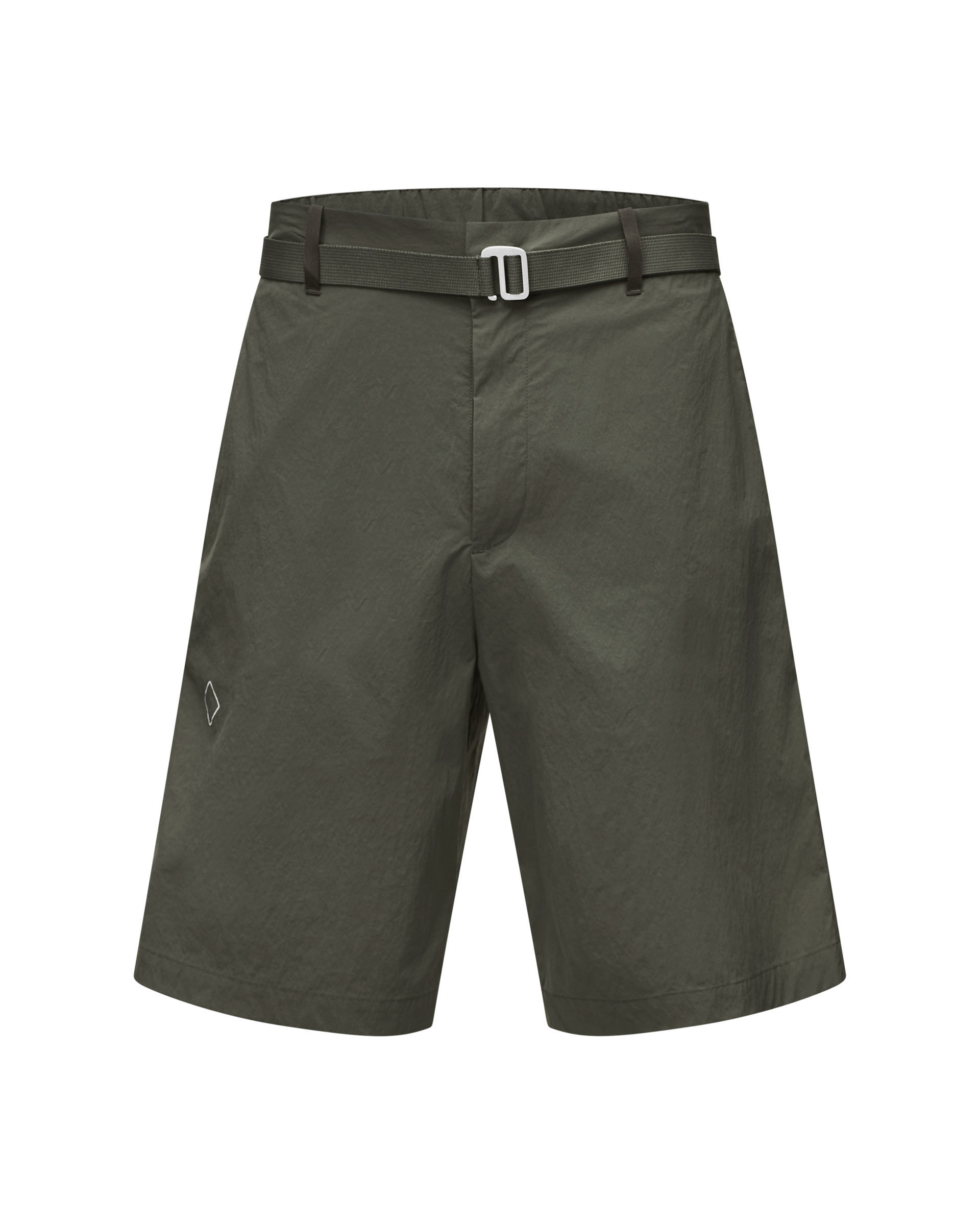 Dark Grey Off-Race Light Tech shorts, front view with webbing belt and white buckle