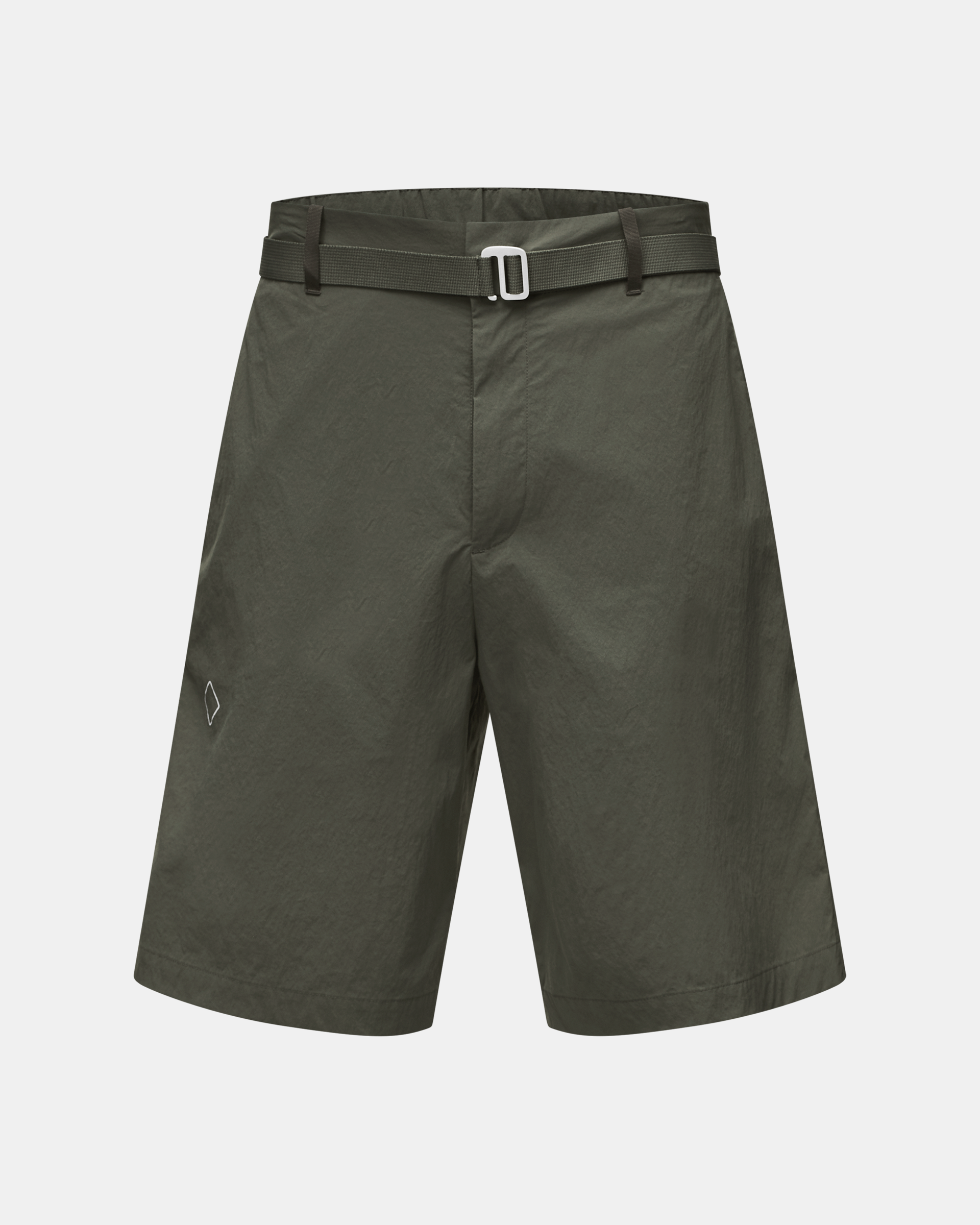 Dark Grey Off-Race Light Tech shorts, front view with webbing belt and white buckle
