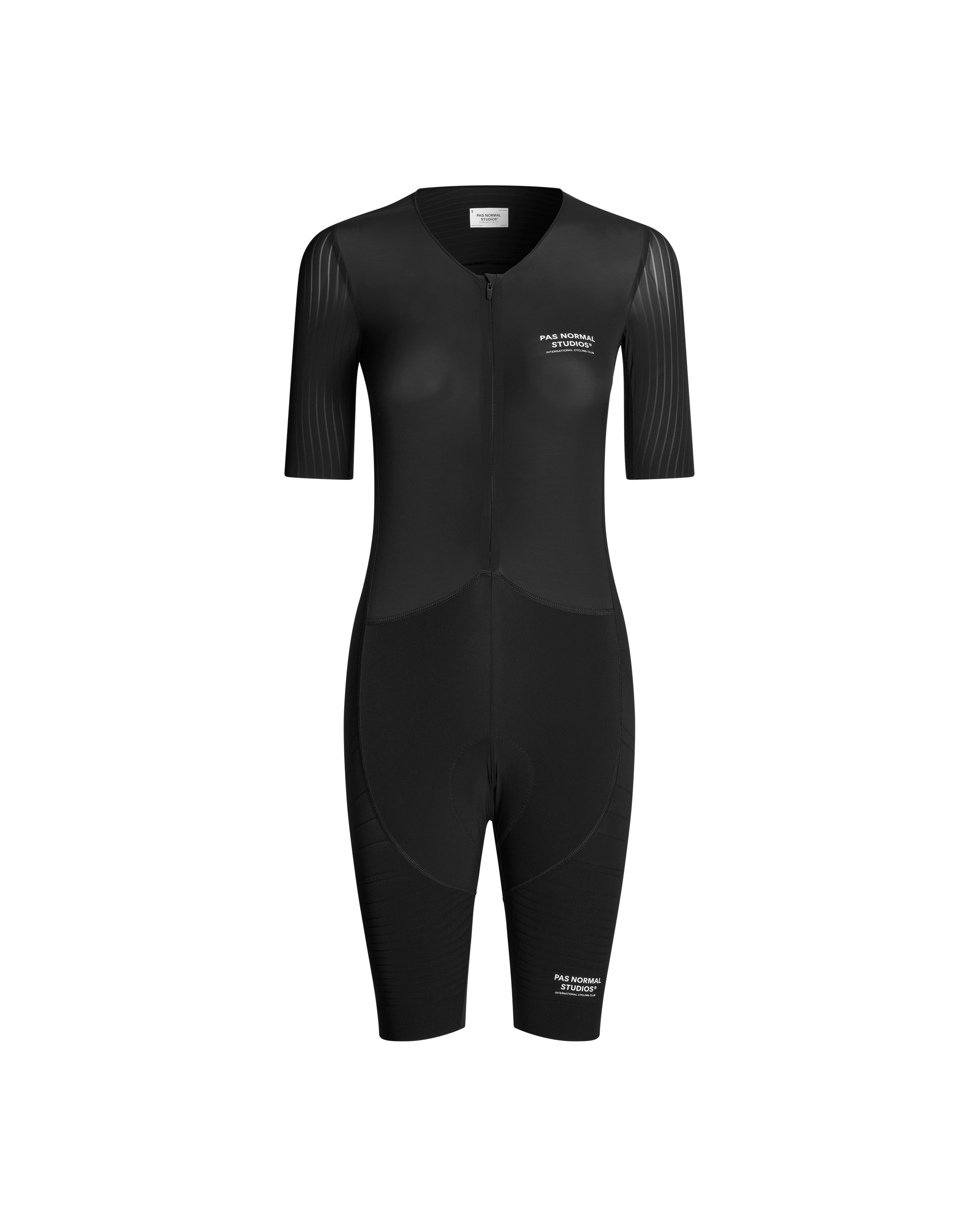 Black Mechanism Pro speedsuit, front flat lay with aerodynamic sleeve panels