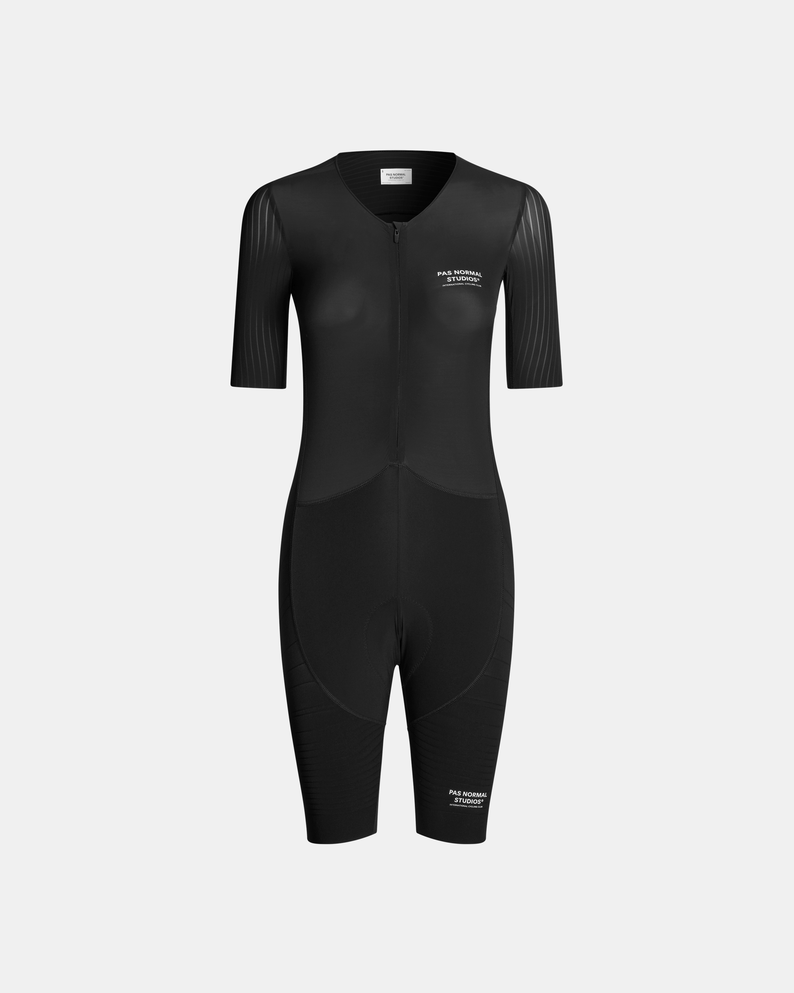 Black Mechanism Pro speedsuit, front flat lay with aerodynamic sleeve panels