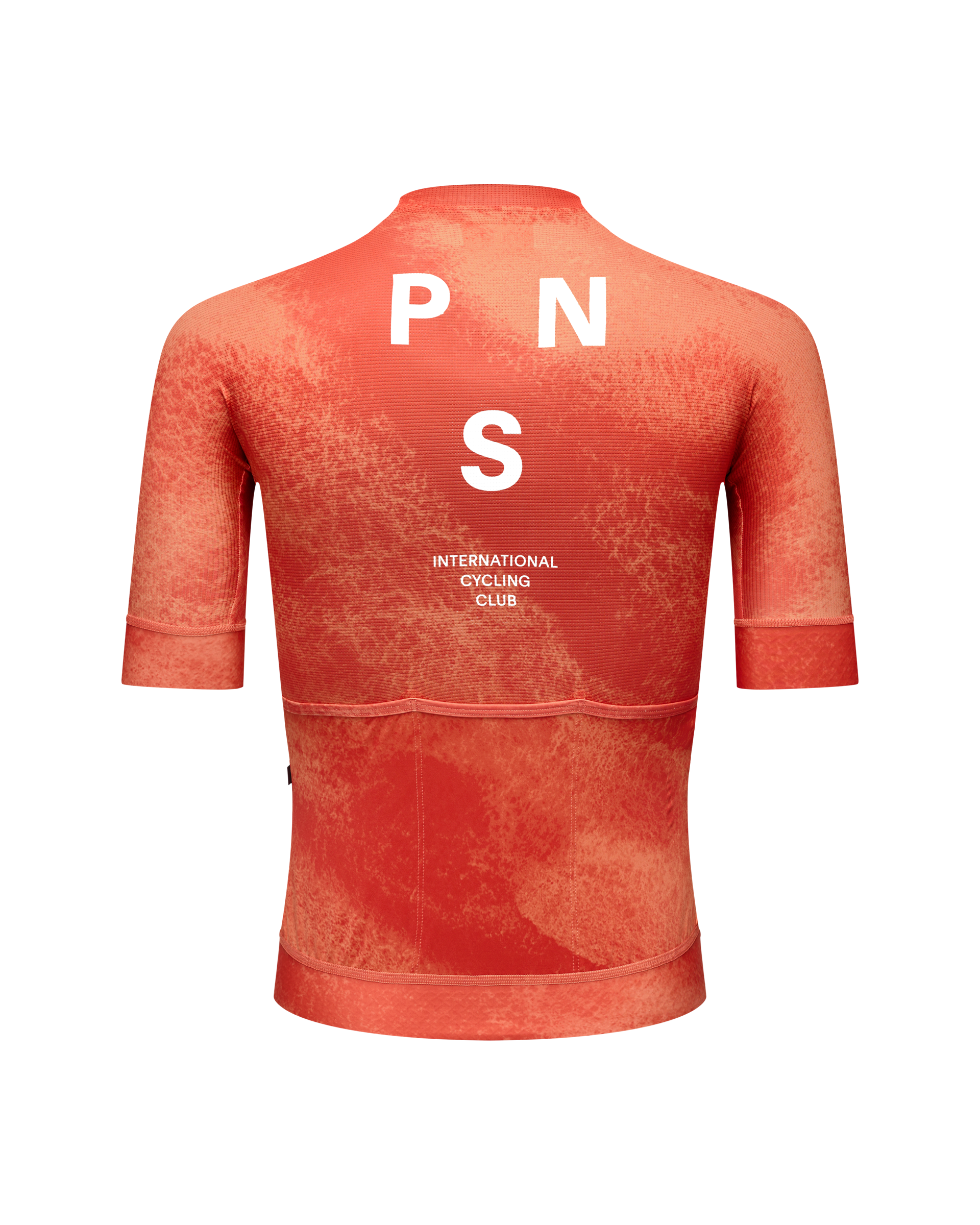 Red Mechanism cycling jersey, rear view with white PNS print and International Cycling Club text