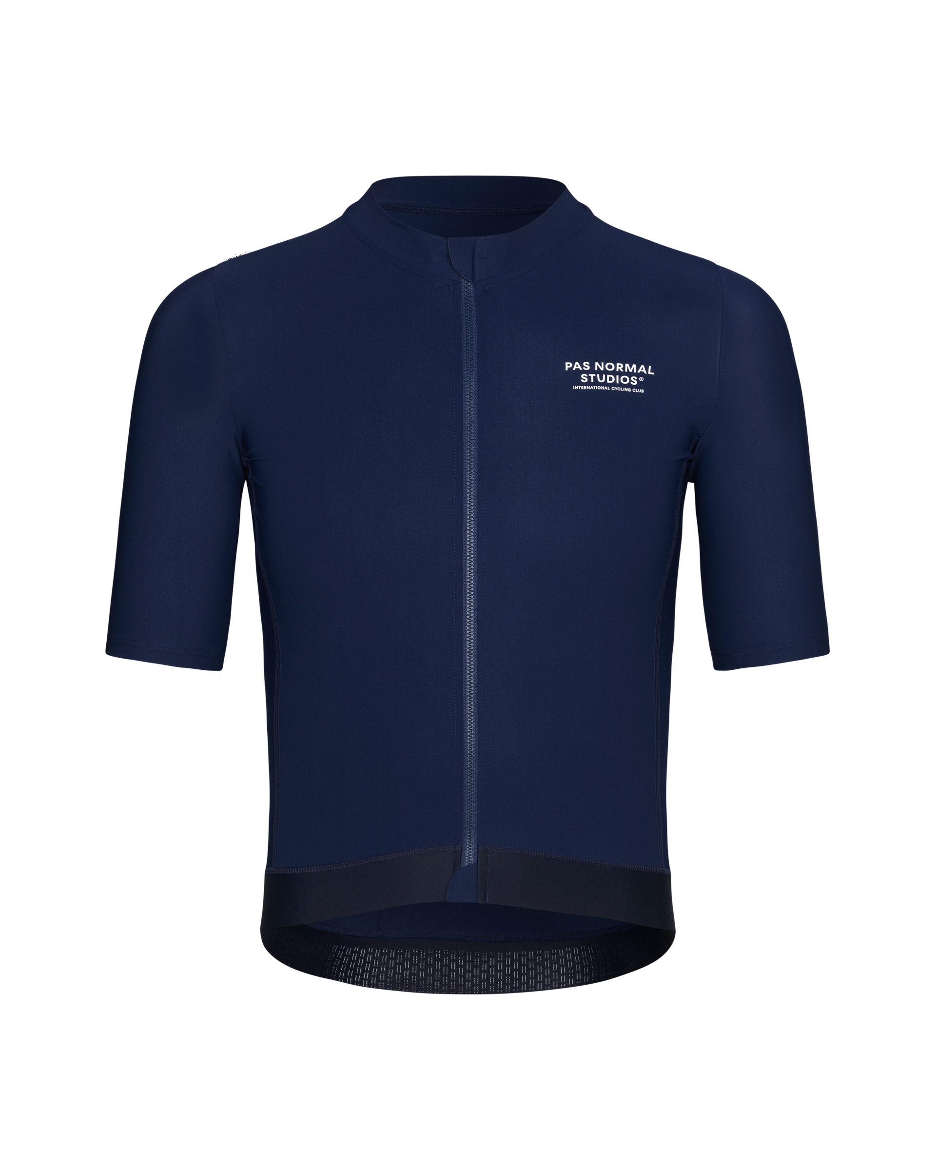 Navy Essential cycling jersey, front view with full zip and white chest logo