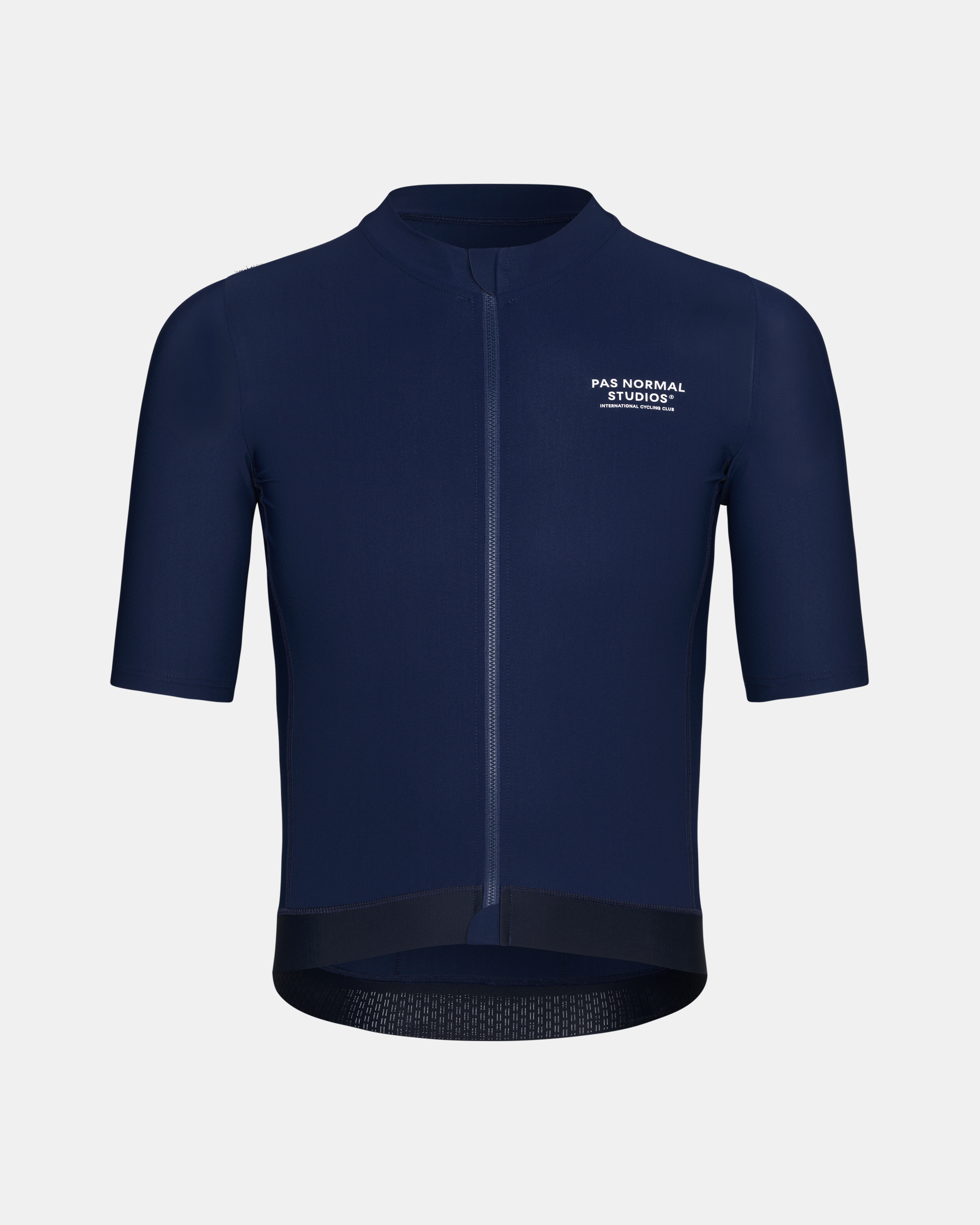 Navy Essential cycling jersey, front view with full zip and white chest logo