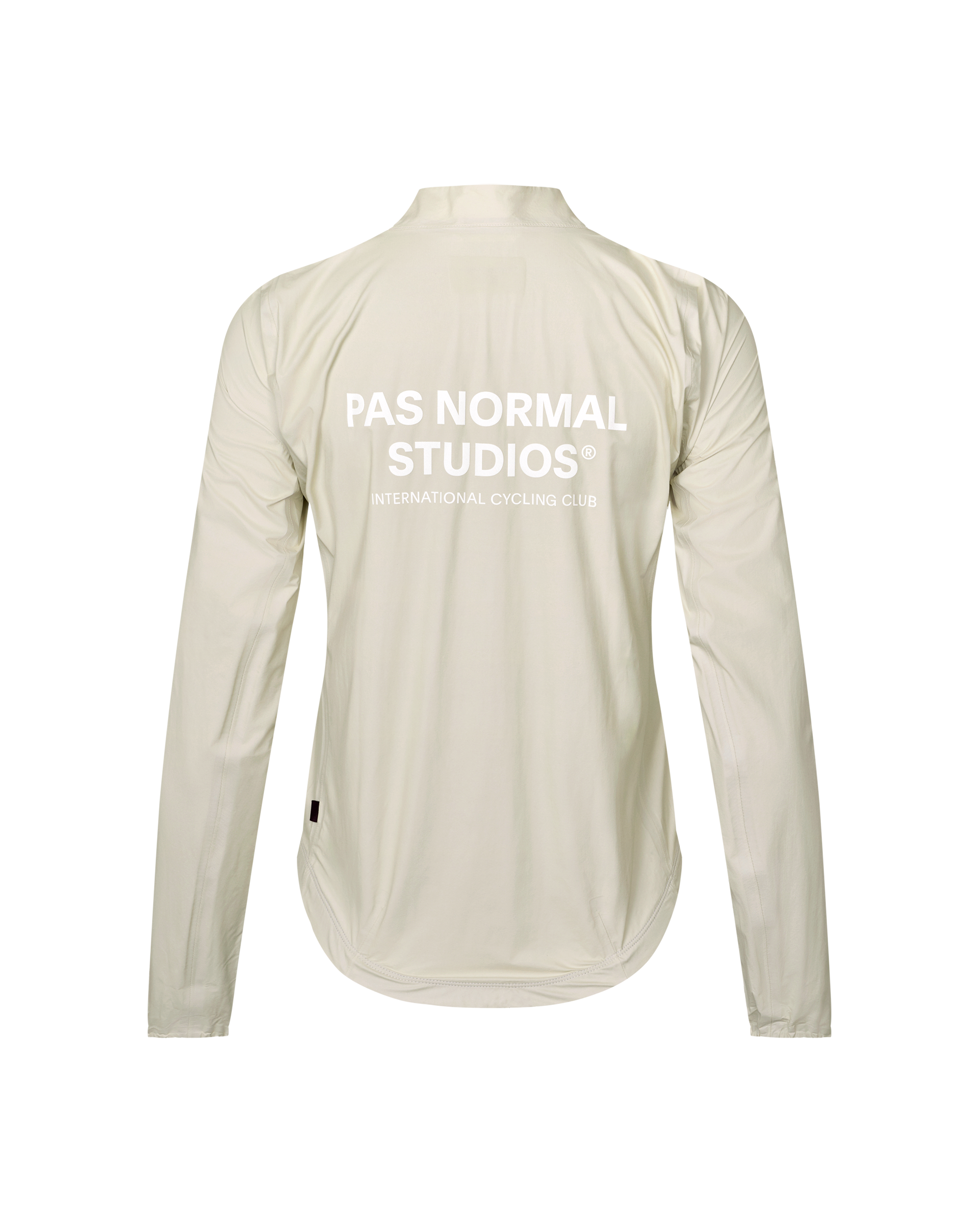 Off White Mechanism women's cycling rain jacket, rear flat lay with white back logo print