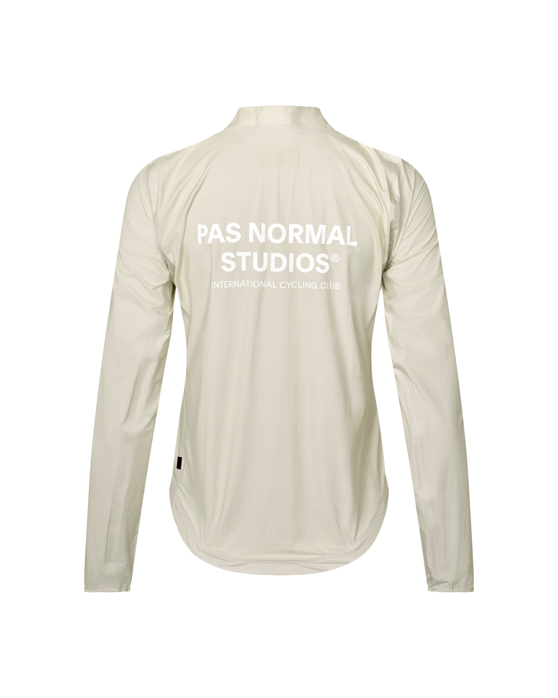 Off White Mechanism women's cycling rain jacket, rear flat lay with white back logo print