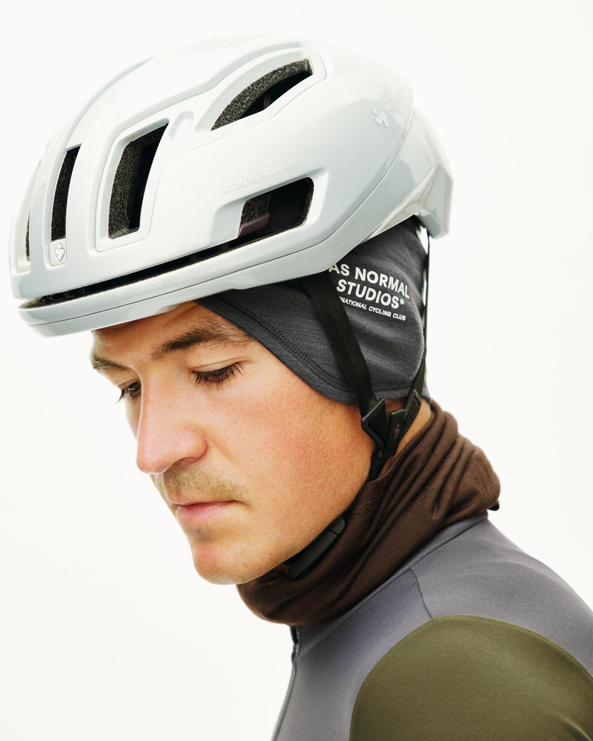 Black Logo Merino headband on model with white logo print