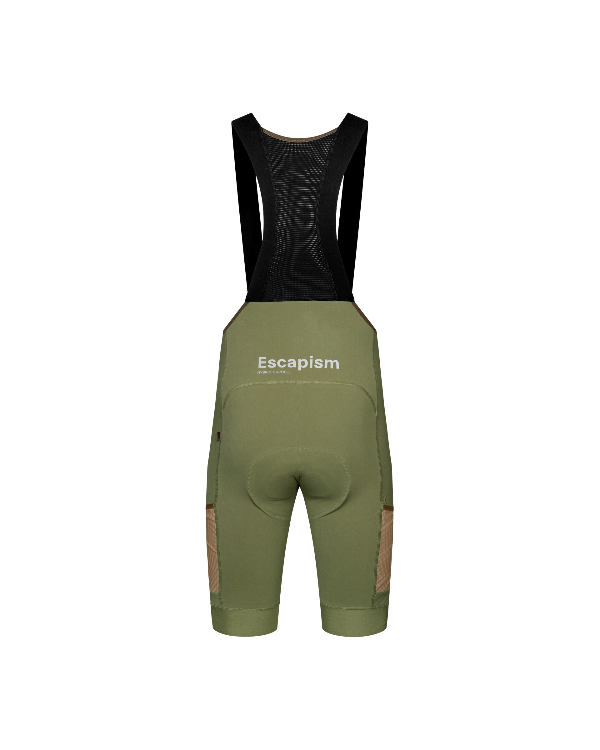 Light Olive Escapism Cargo bibs, rear flat lay with white logo print and mesh side panels