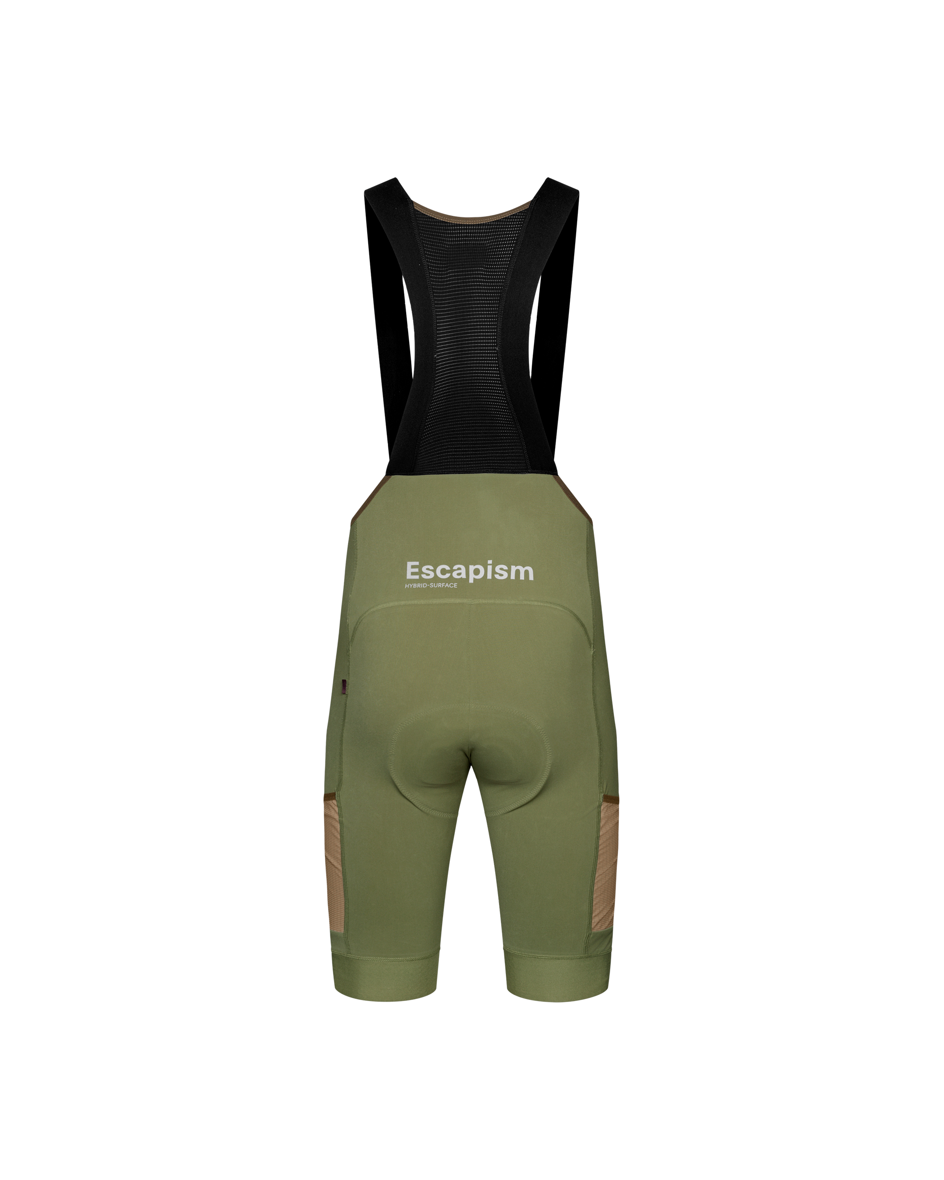 Light Olive Escapism Cargo bibs, rear flat lay with white logo print and mesh side panels
