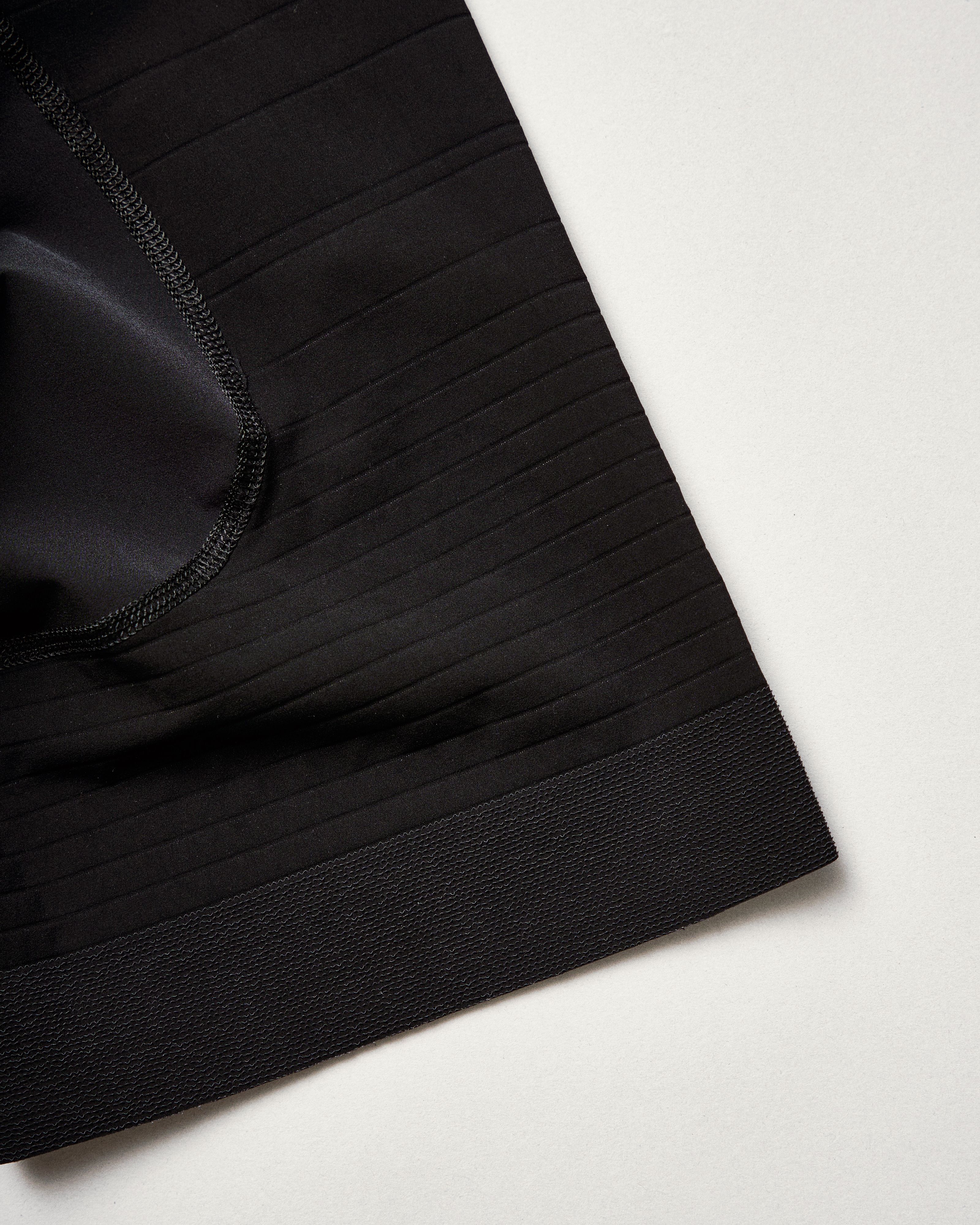 Black PAS Mechanism Pro bibs, detail view showing ribbed leg band and seamless construction