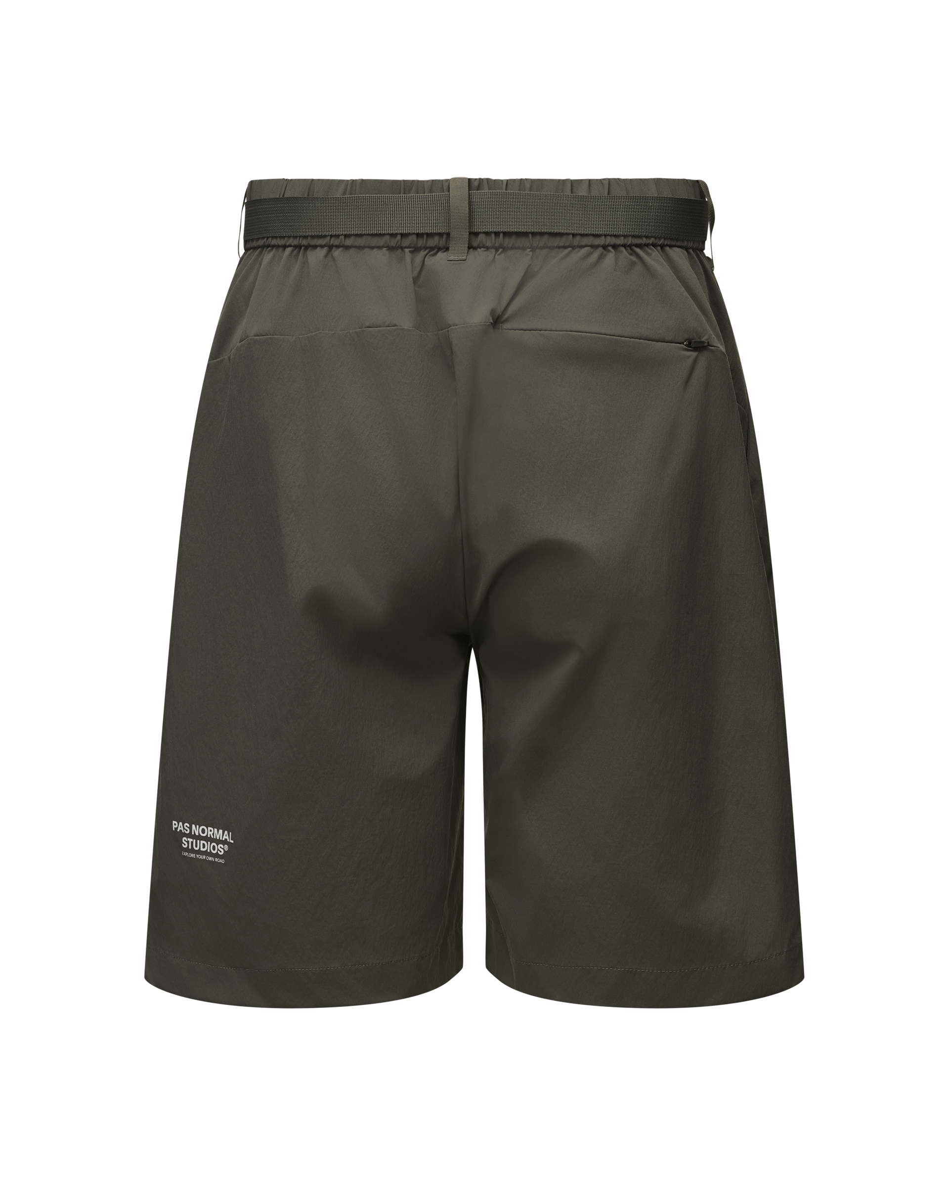 Dark Grey Off-Race Light Tech shorts, rear flat lay with elastic waistband and back pockets