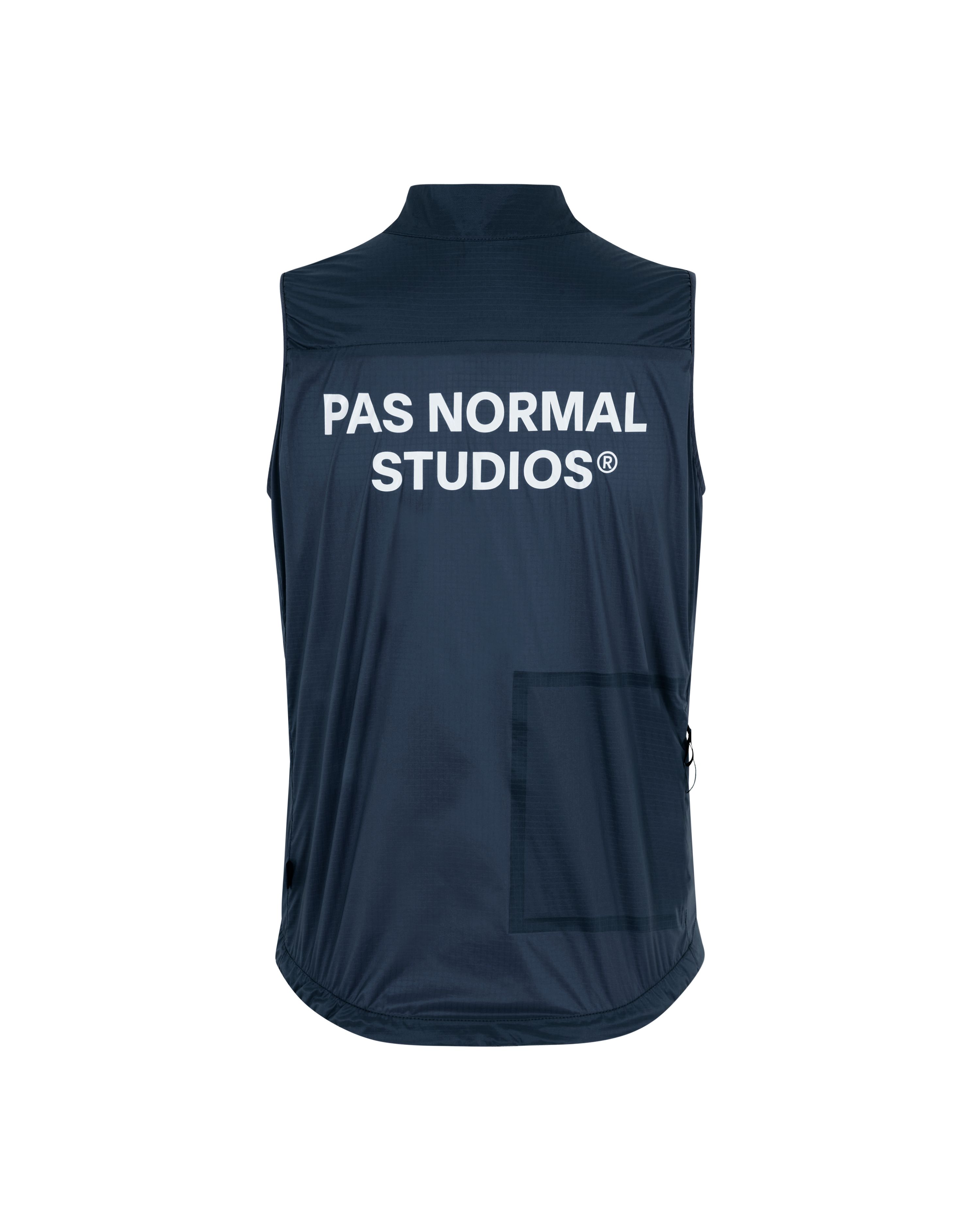 Navy Essential insulated gilet, rear view with white logo print and back pocket