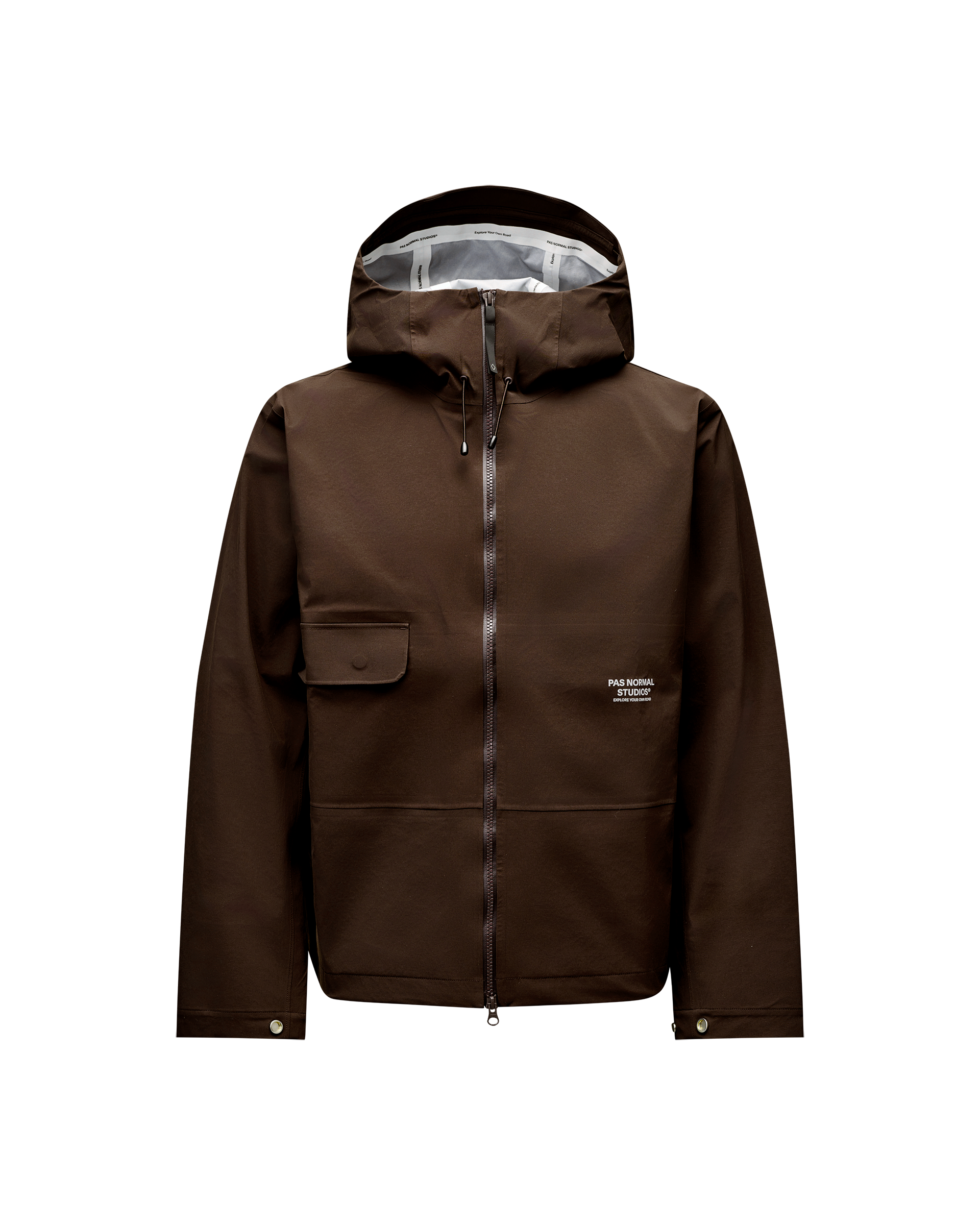 Dark Coffee brown Off-Race 3L Shell jacket, front flat lay with storm hood and chest pocket flap