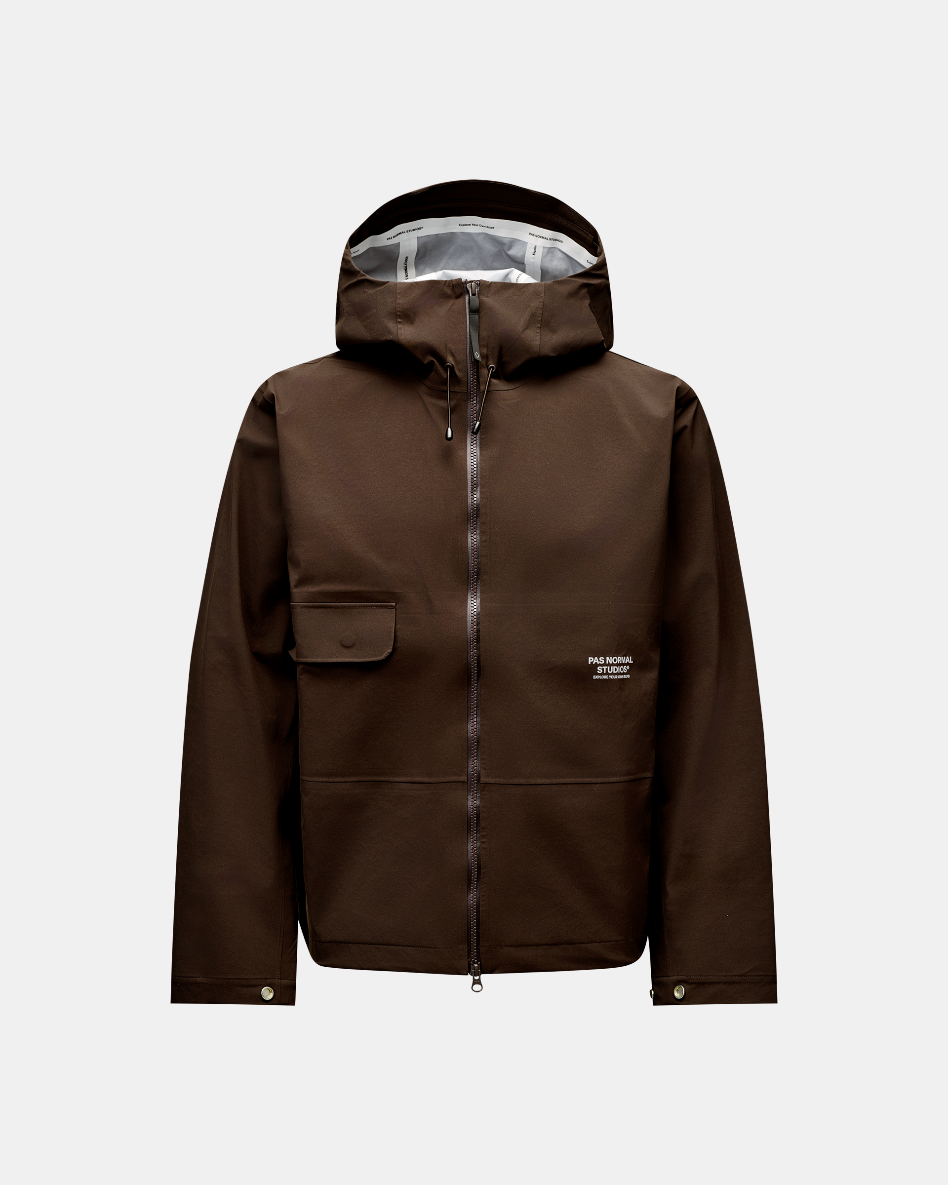 Dark Coffee brown Off-Race 3L Shell jacket, front flat lay with storm hood and chest pocket flap