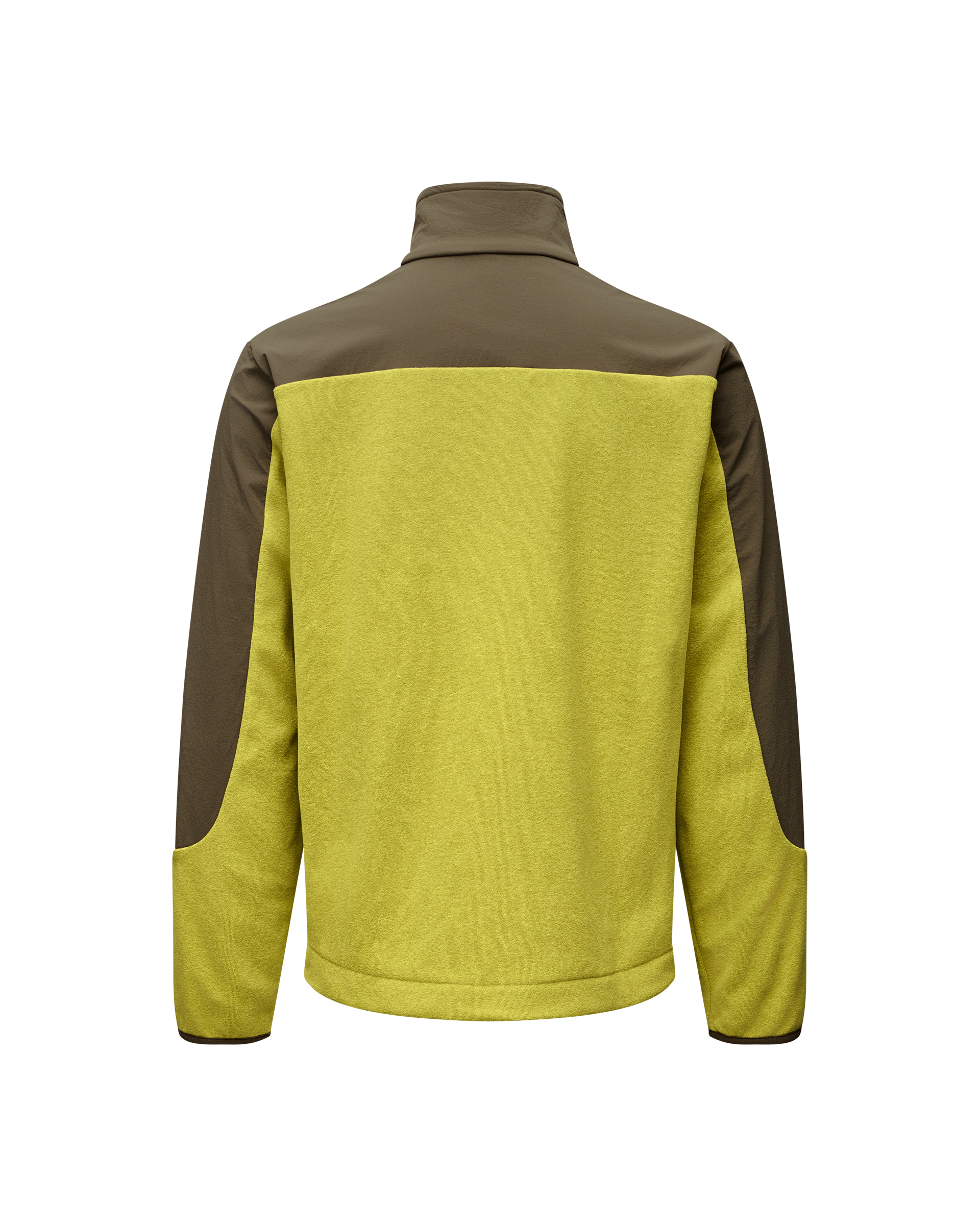 Moss Green Off-Race Light Fleece half-zip, rear view with brown contrast panels