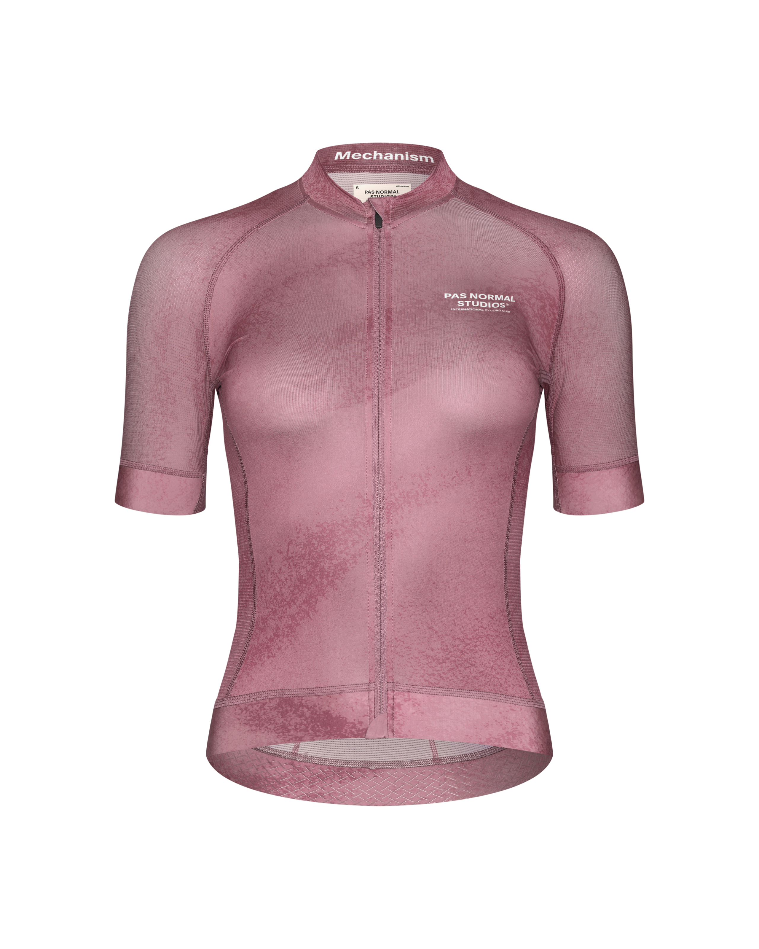 Purple Mechanism cycling jersey, front view with textured pattern and full zip